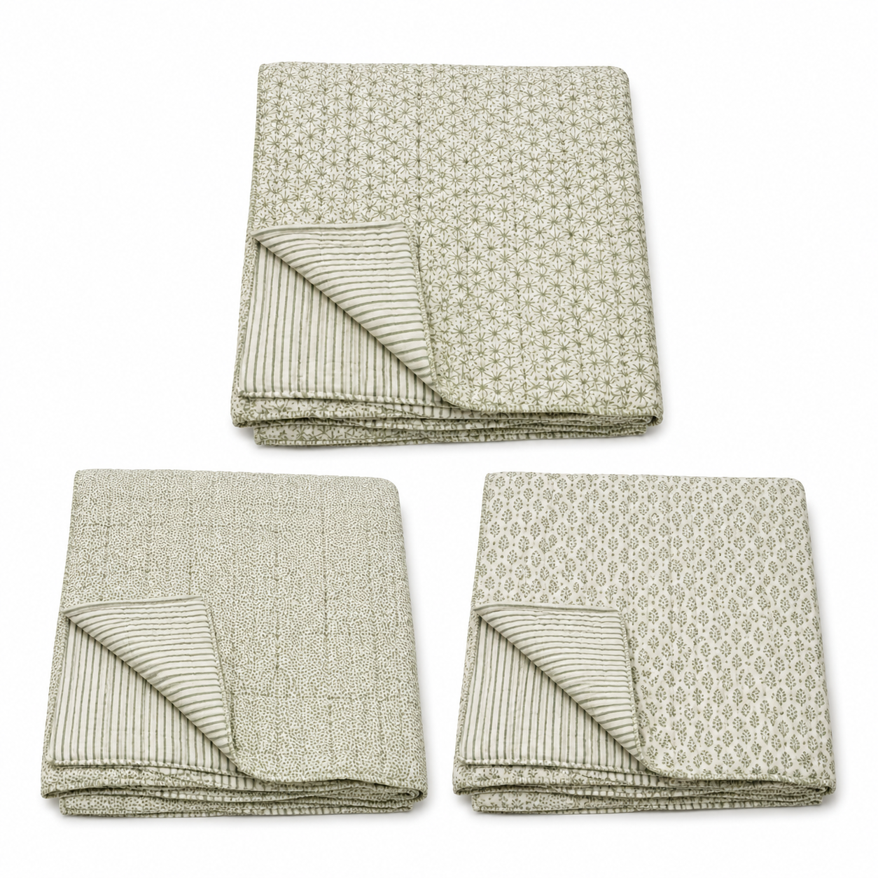 Green Cotton Quilt - Lightweight Block Printed - Full/Queen