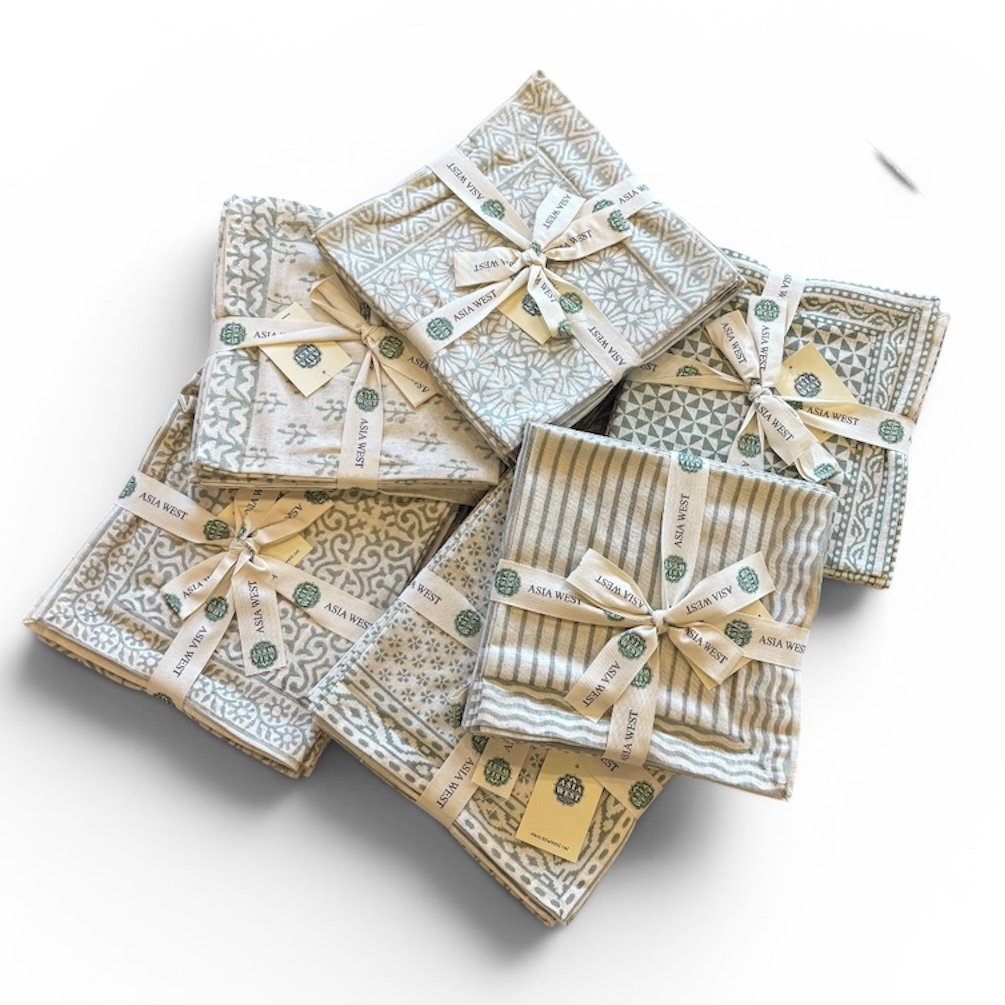 Sage Green Hand Block Printed Cotton Napkins – Set of 6 (20" x 20")