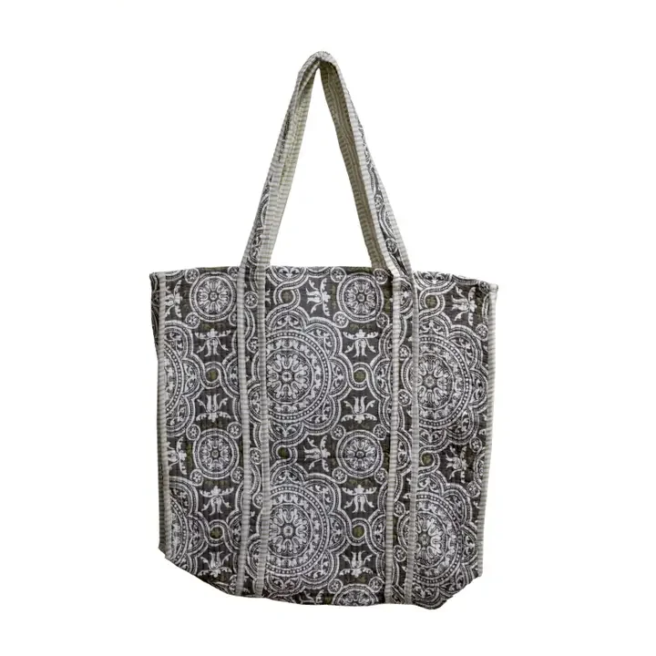 Brown Block Print Quilted Tote Bag