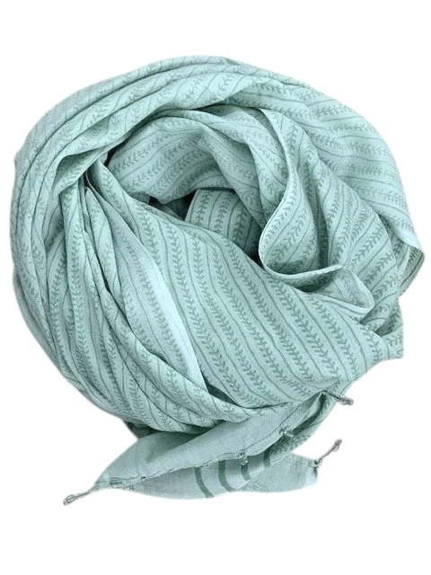Sage Block-Print Scarf with Beaded Fringe