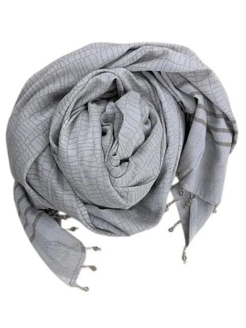 Beige Block-Print Scarf with Beaded Fringe