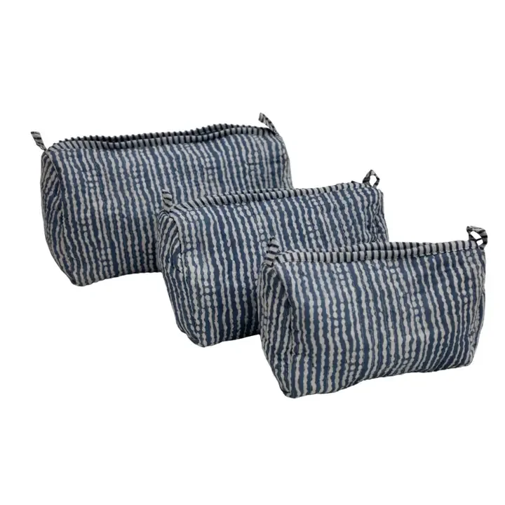 Blue Stripe Quilted Toiletry Bag Set/3