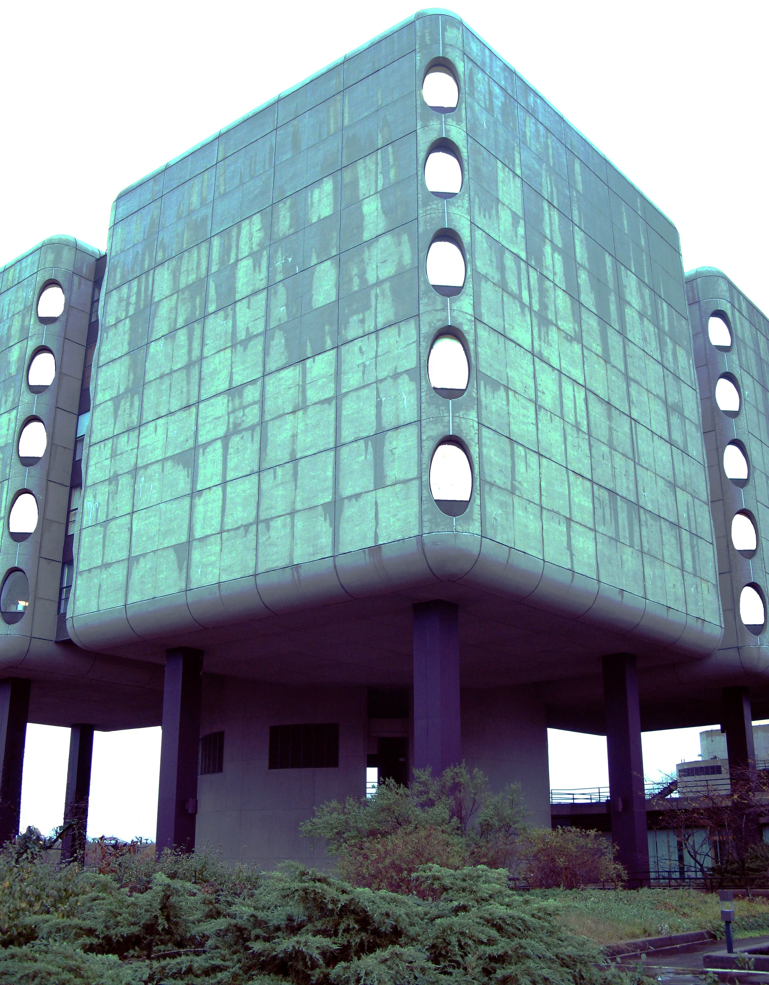 A color-enhanced picture of the Basic Science Tower at Stony Brook University.