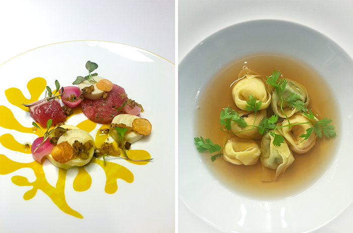 Left: Yellowfin tuna with hearts of palm, sunchoke, truffle, and SproutsIO-grown red mustard greens at Menton; Right: Menton’s popular “Tortellini en Brodo” topped with SproutsIO-grown chervil.