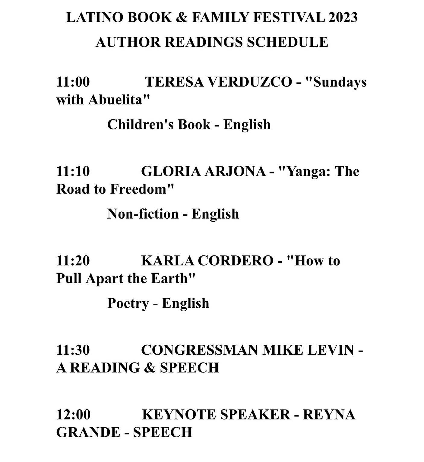 TOMORROW! Join us for&hellip;
The Latino Book &amp; Family Festival!

At MiraCosta College Oceanside
10:00am-4:00pm
FREE Event!

Here&rsquo;s the reading line up 🔥🔥
I&rsquo;ll be signing books and selling other goodies&hellip;stop by and say hi! 💜