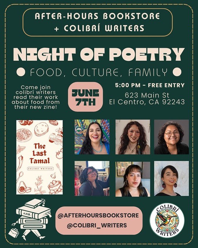 ROAD TRIP 🚗 💨 💨 💨 

🐦🤘🏼🐦✌🏽🐦✊🏽🐦🫶🏼🐦👍🏽🐦🙌🏽

Join Us!!!!

JUNE 7th as the @colibri_writers make their way down to the Imperial Valley MY HOMETOWN, to celebrate the release of our newest zine, The Last Tamal 🫔 at @afterhoursbookstore !