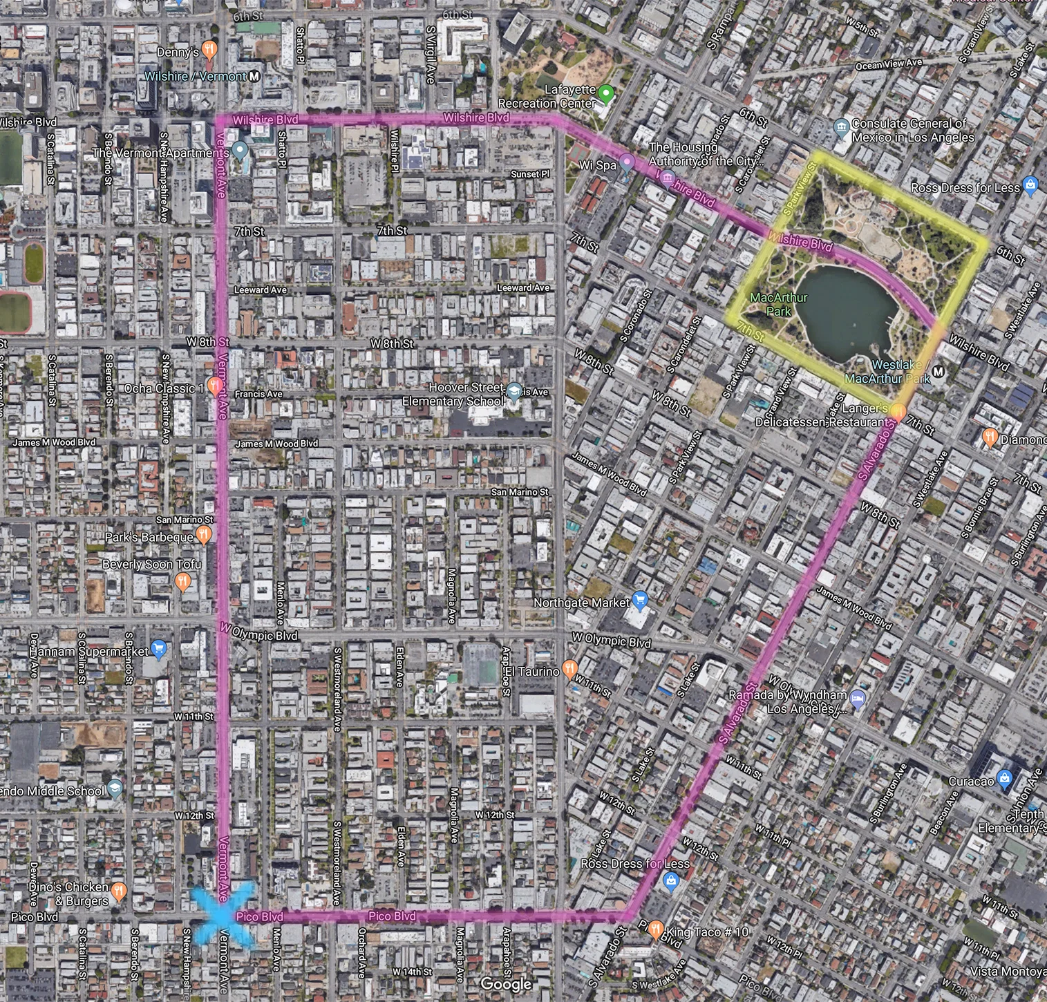 ................. yellow - macarthur park ................. blue - parade start ................. pink - parade route .................