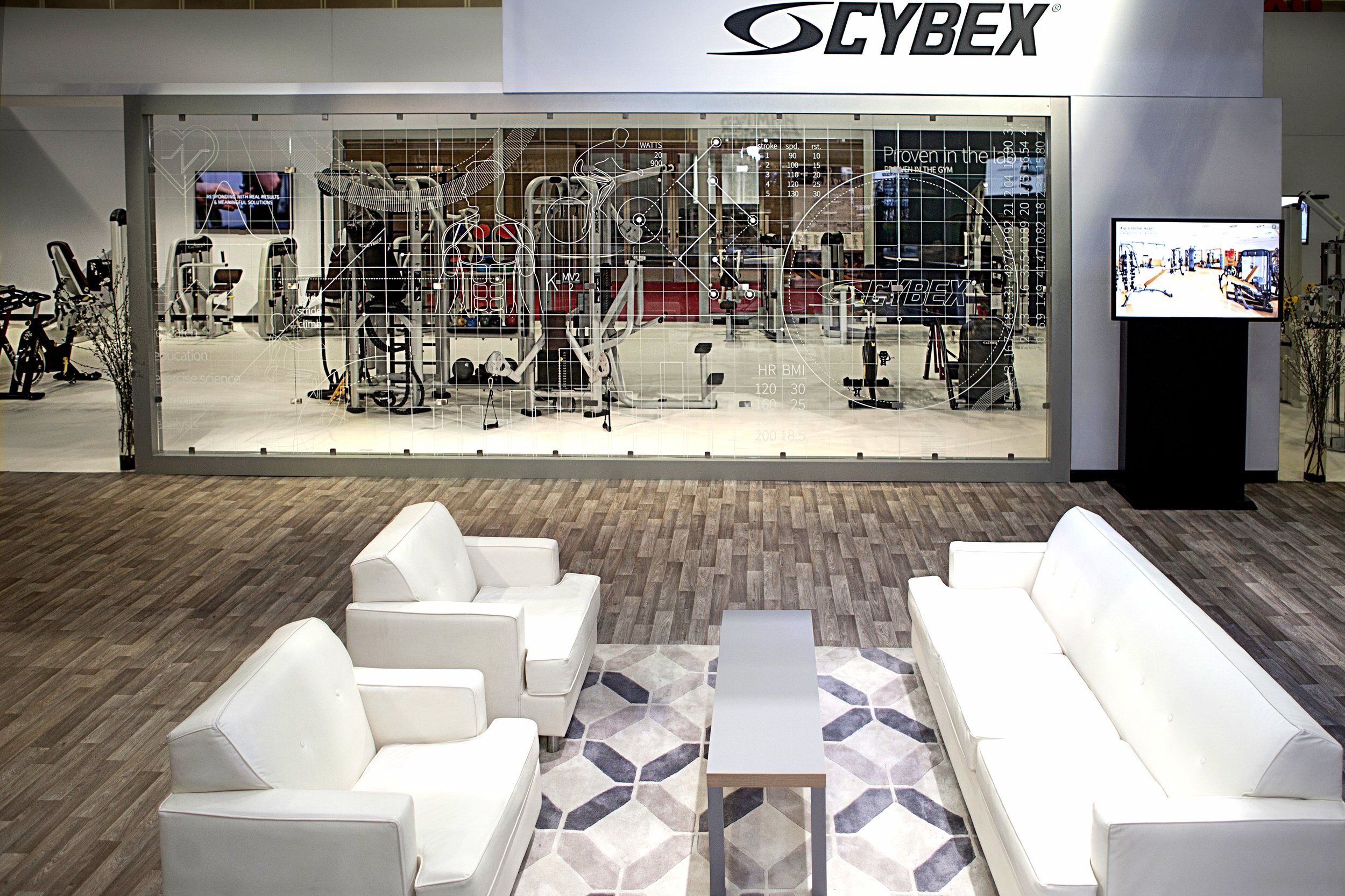  Glass graphic for the Cybex booth at IHRSA 2017. 
