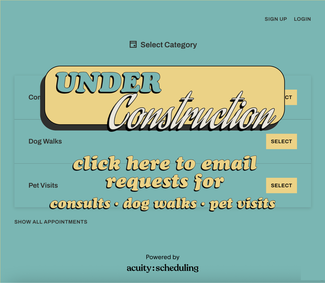 Booking system under construction, click here to request booking for consults · dog walks · pet visits