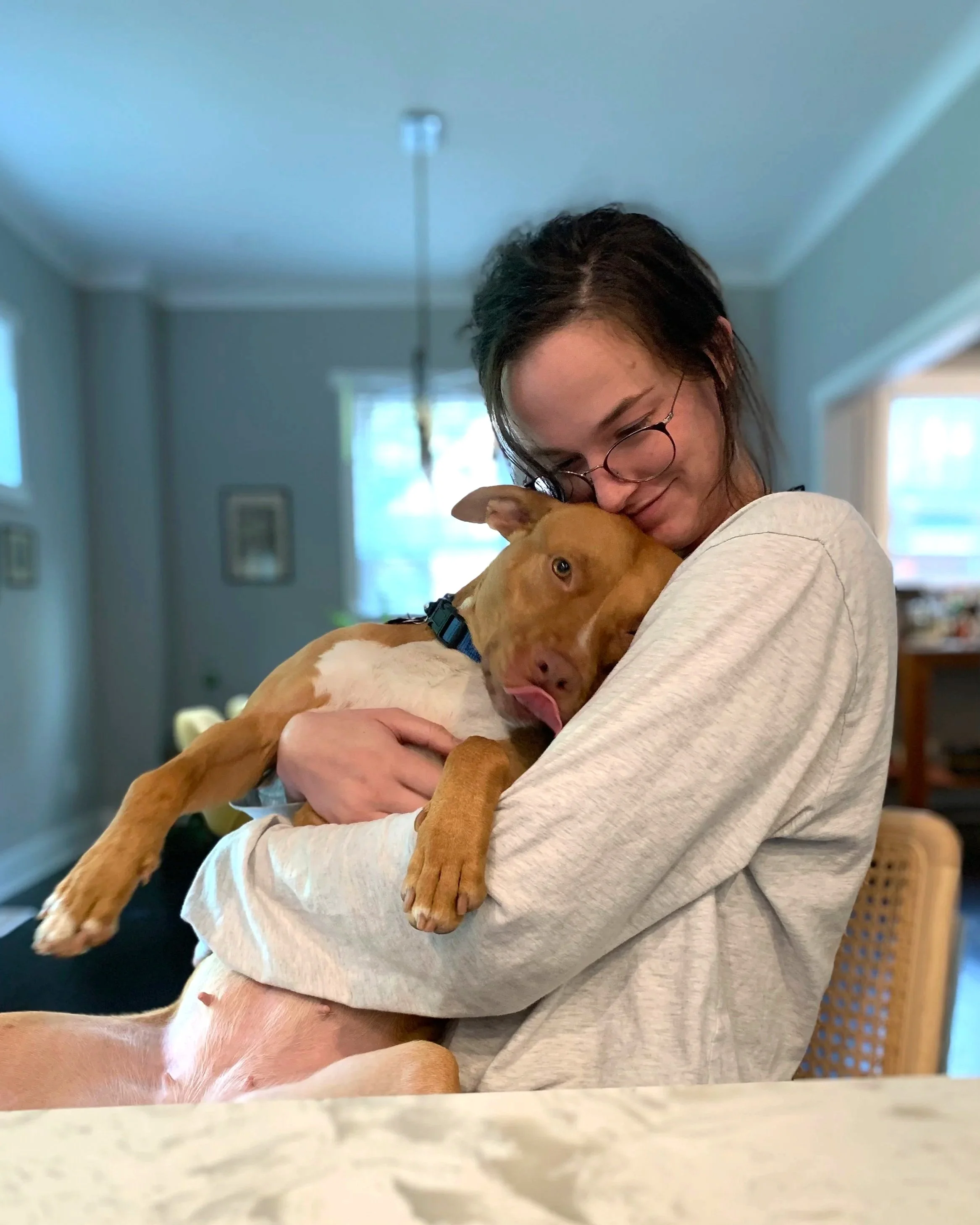 Woman with glasses and dark hair, smiling with her eyes closed, snuggling a brown dog pit mix with its tongue out inside a home in Durham, North Carolina.