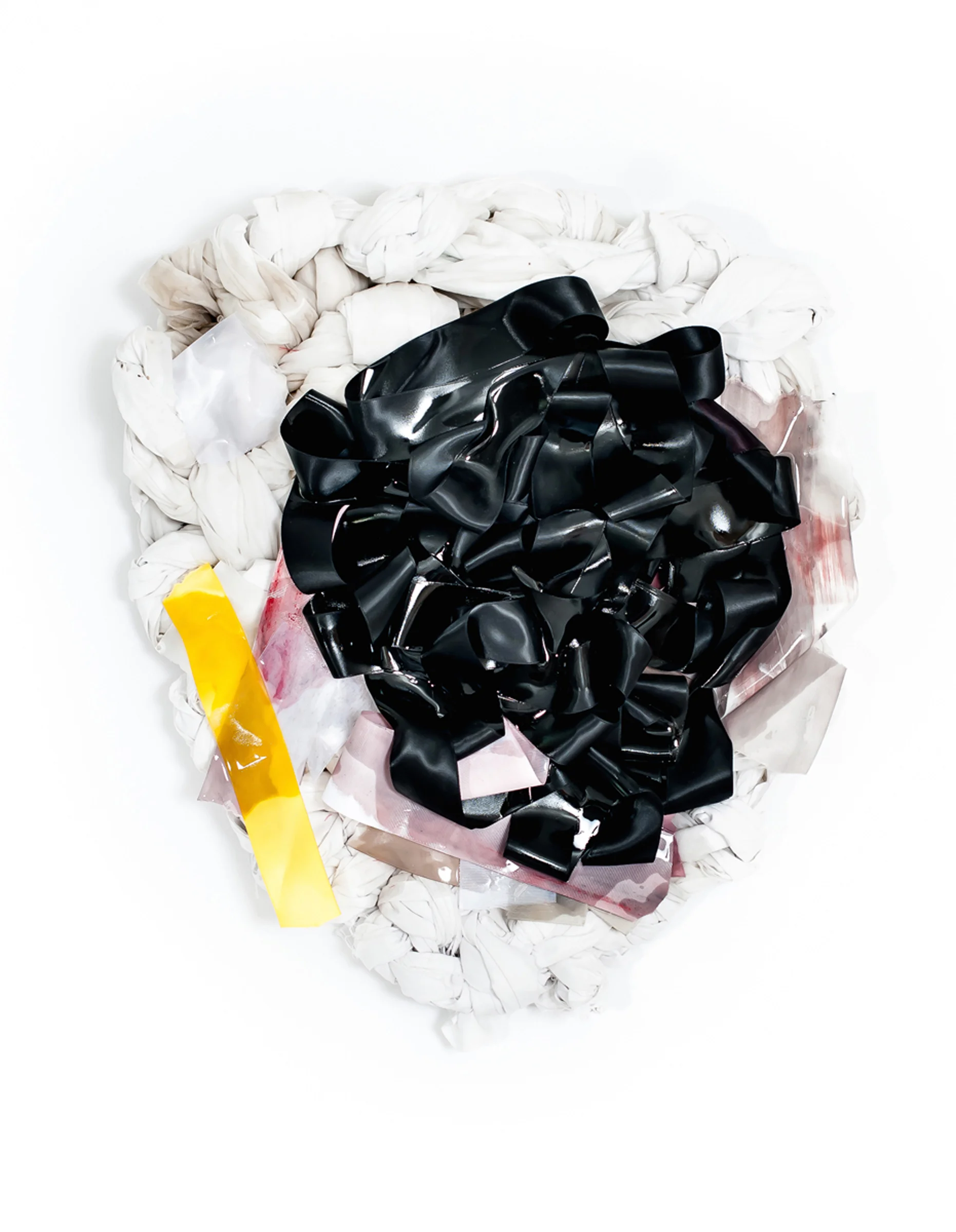 Vadis Turner , Black Nest , 2016, satin ribbon, bed sheets, acrylic resin and mixed media, 16 x 12 x 13 inches