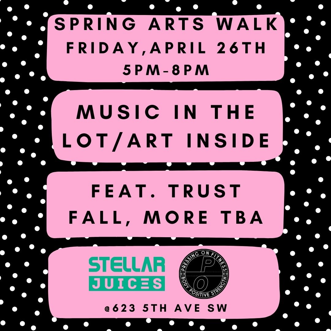 Save the date Olympia! @stellar_juices and @pressingonfitness are having a big parking lot party for Arts Walk in April! Come check out art installations, and live music featuring @trainingwitherica's band @trustfallband More details to be announced!