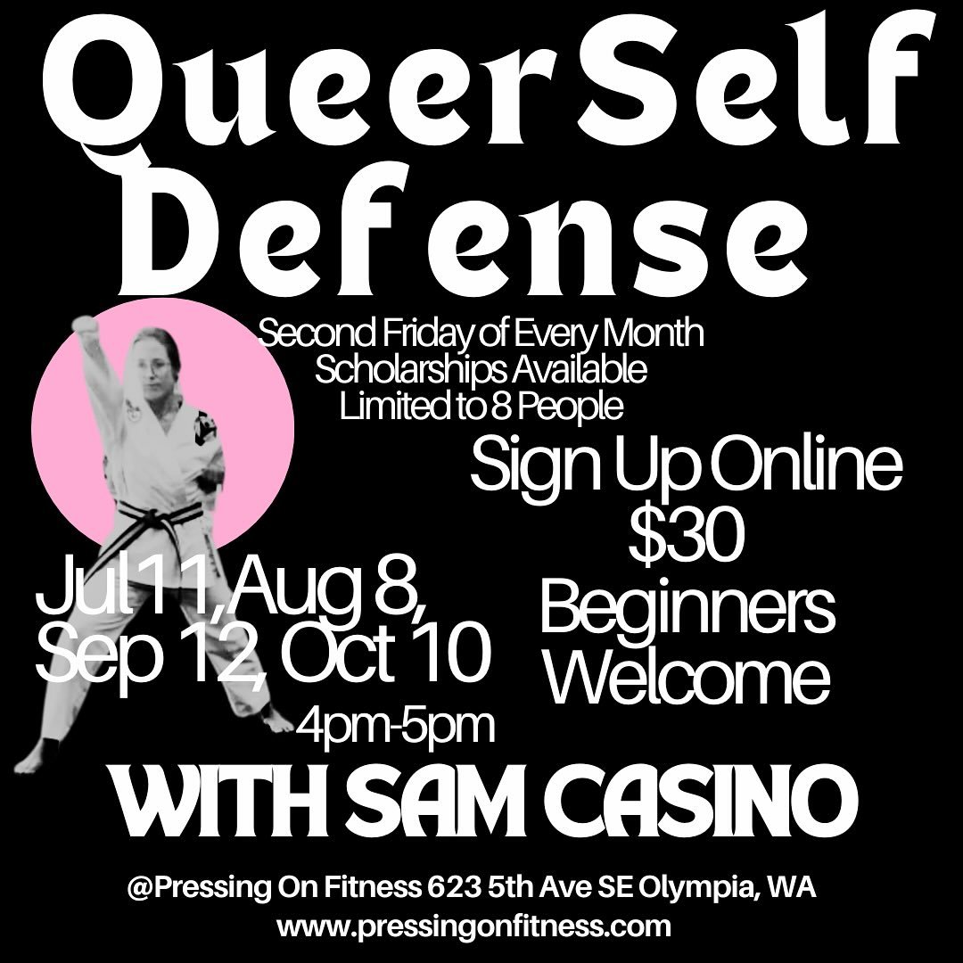 We are making this a regular thing!!!! On the second Friday of every month Pressing On is hosting queer self defense. Sign ups are live! Scholarships are available if you cannot afford this. Email pressingonfitnessoly@gmail.com if this is you! #queer