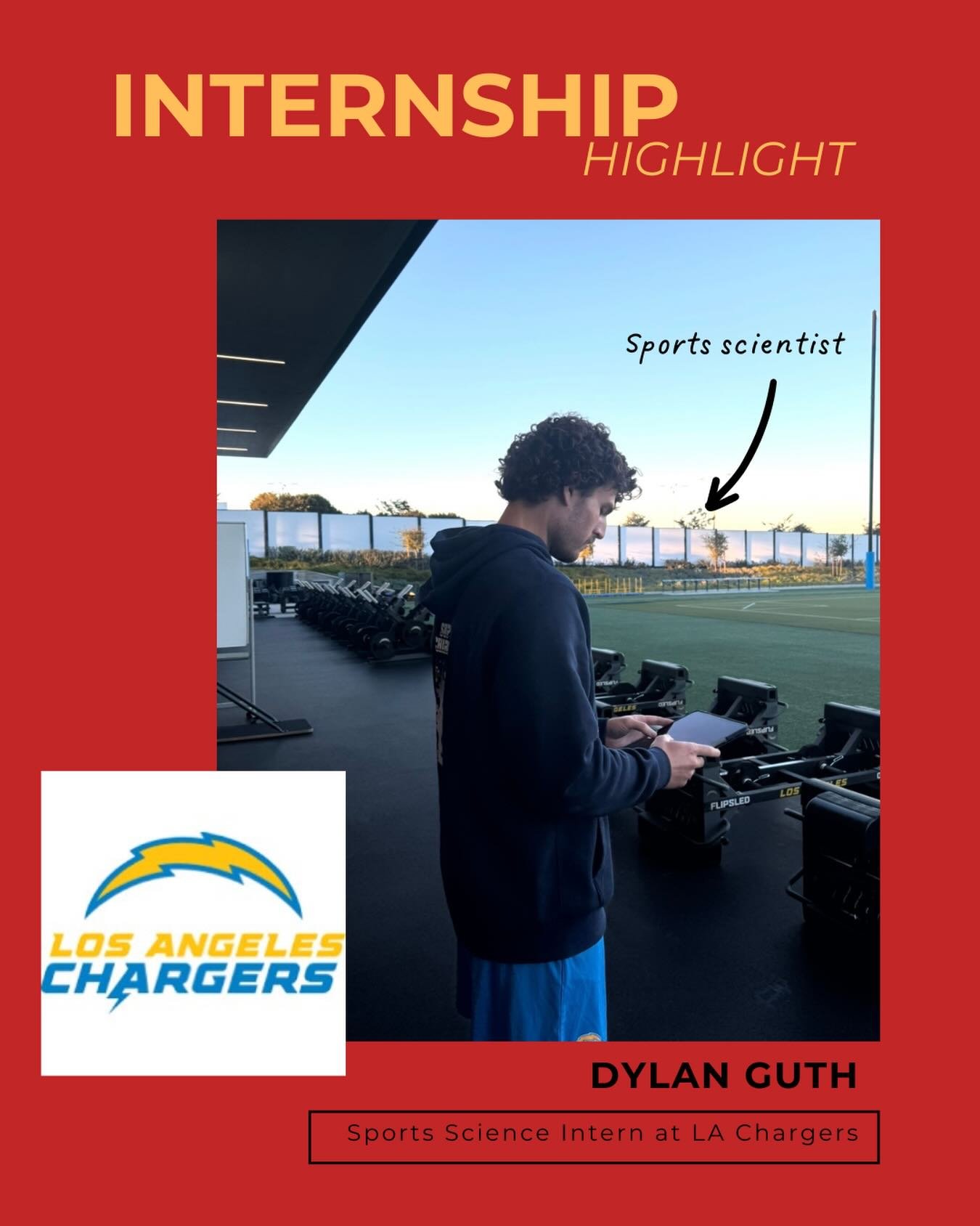 INTERNSHIP IN ACTION!! 

Intern highlight @guthdylan 

helping the Chargers get to the playoffs ⚡🏈 

As the team&rsquo;s Sports Science Intern, Dylan gets to work behind the scenes supporting performance and recovery.

#SportsScience #football #usc 