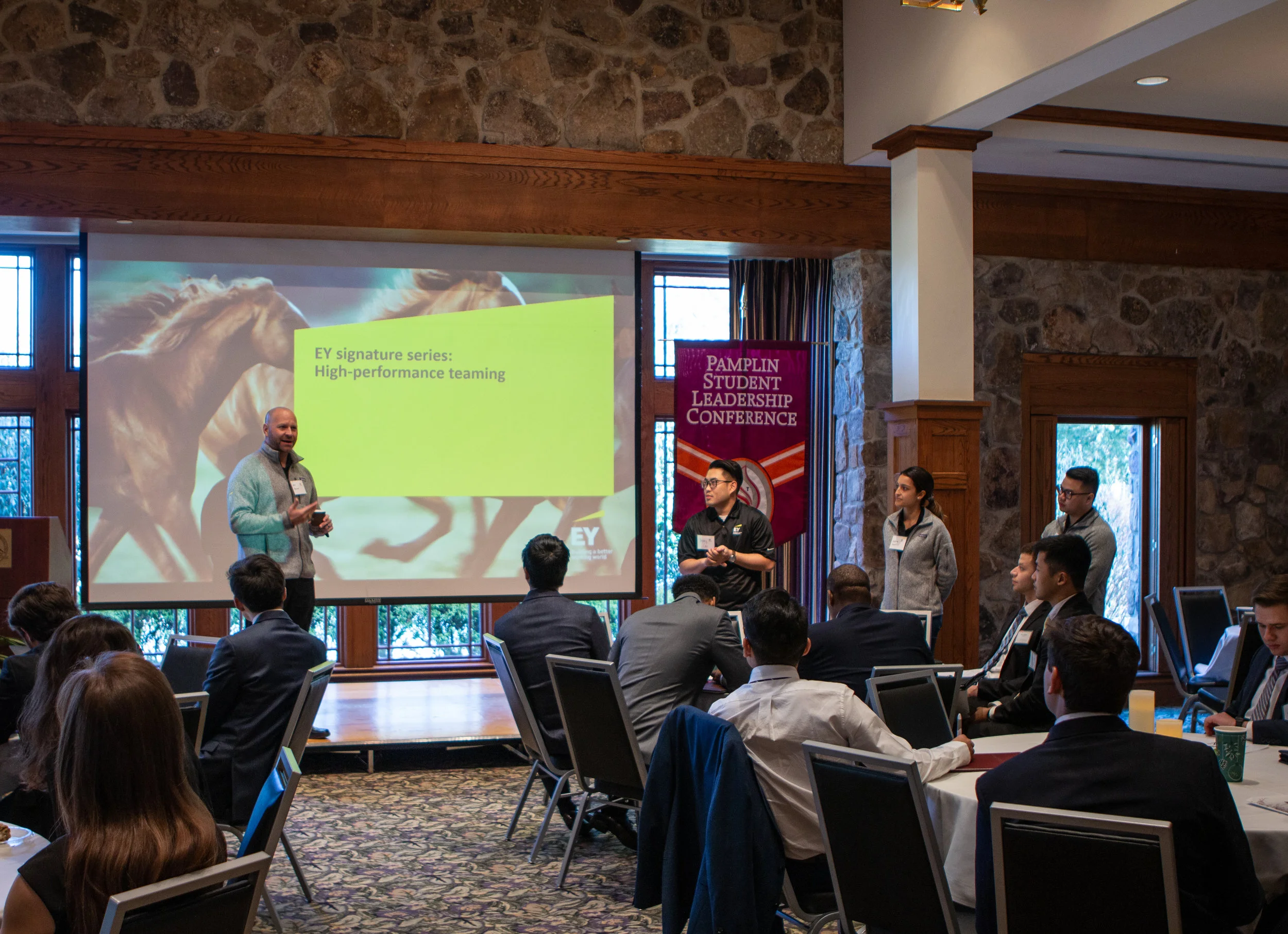 EY, one of the largest professional services firms in the world, gives a presentation on how high performing teams function within the company, specifically showcasing how EY stands out with their core values and treatment of employees. Applications for the Pamplin Leadership Development will open in the Spring for those who want to join our team and contribute to the planning and organization of the conference!