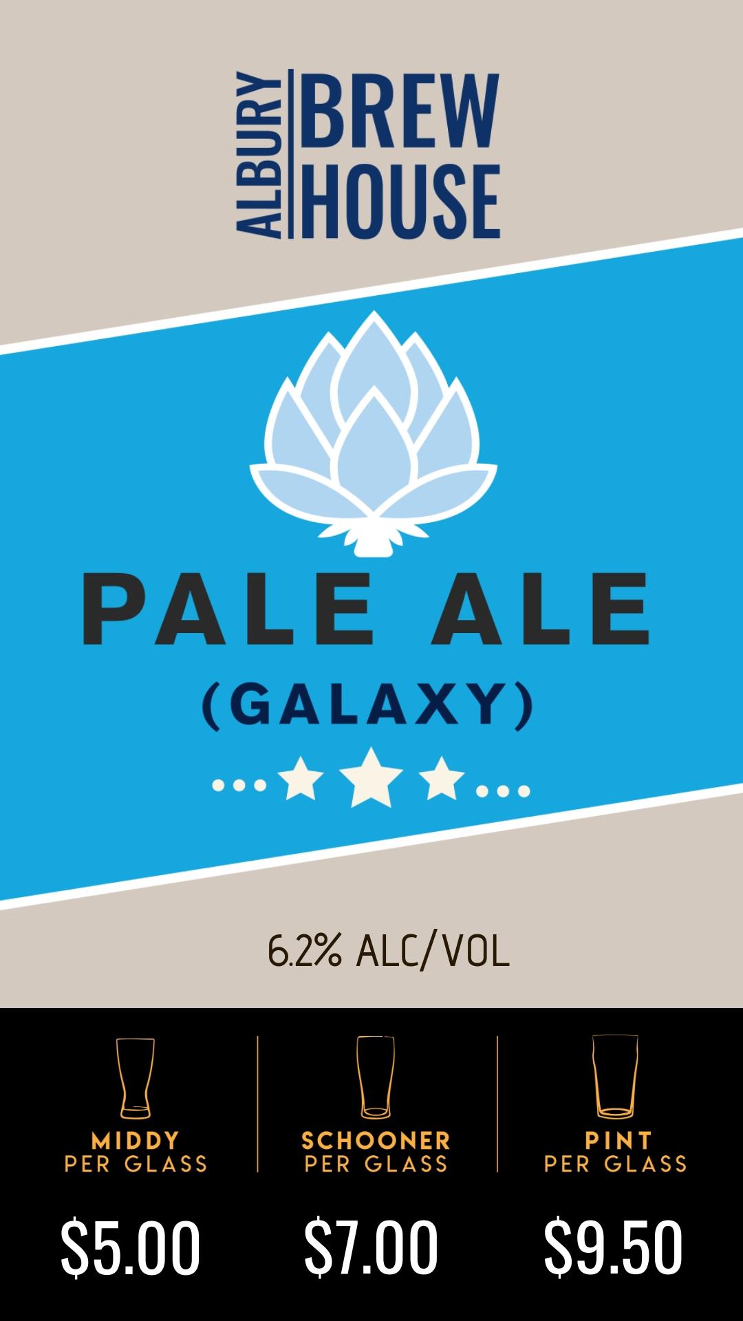 Light bodied Australian pale ale super dry hopped with galaxy, a hop varietal most commonly attributed to its wonderful passionfruit aroma. Perfect beer for any occasion.
