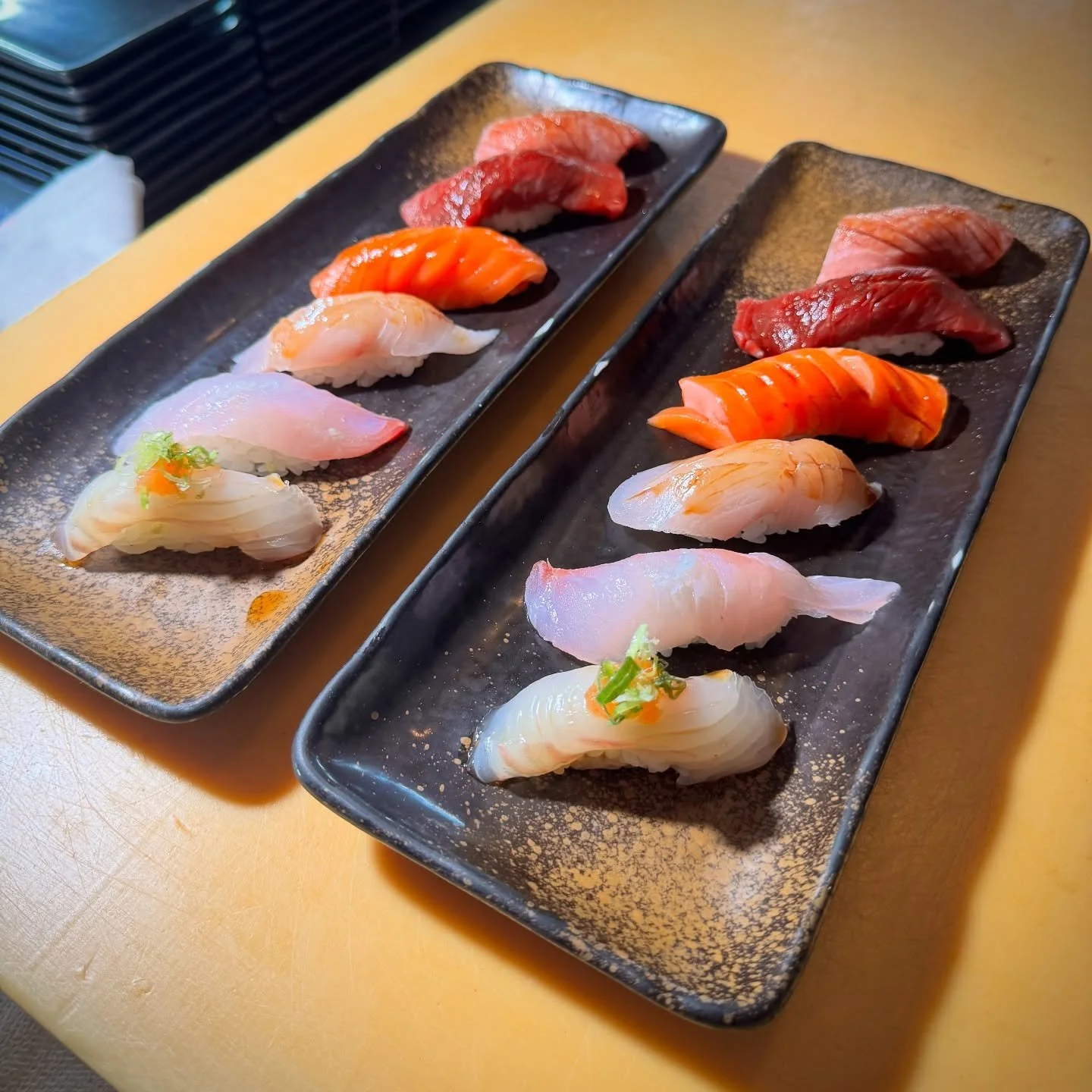 Introducing the talented chef Mikey San to our Sushi Note family! 🔪🥢 After mastering his craft for the last 8 years, demonstrated by these delicious looking nigiri plates, we are excited to show you his skills :) 

#chef #sushichef #newchef #sushil