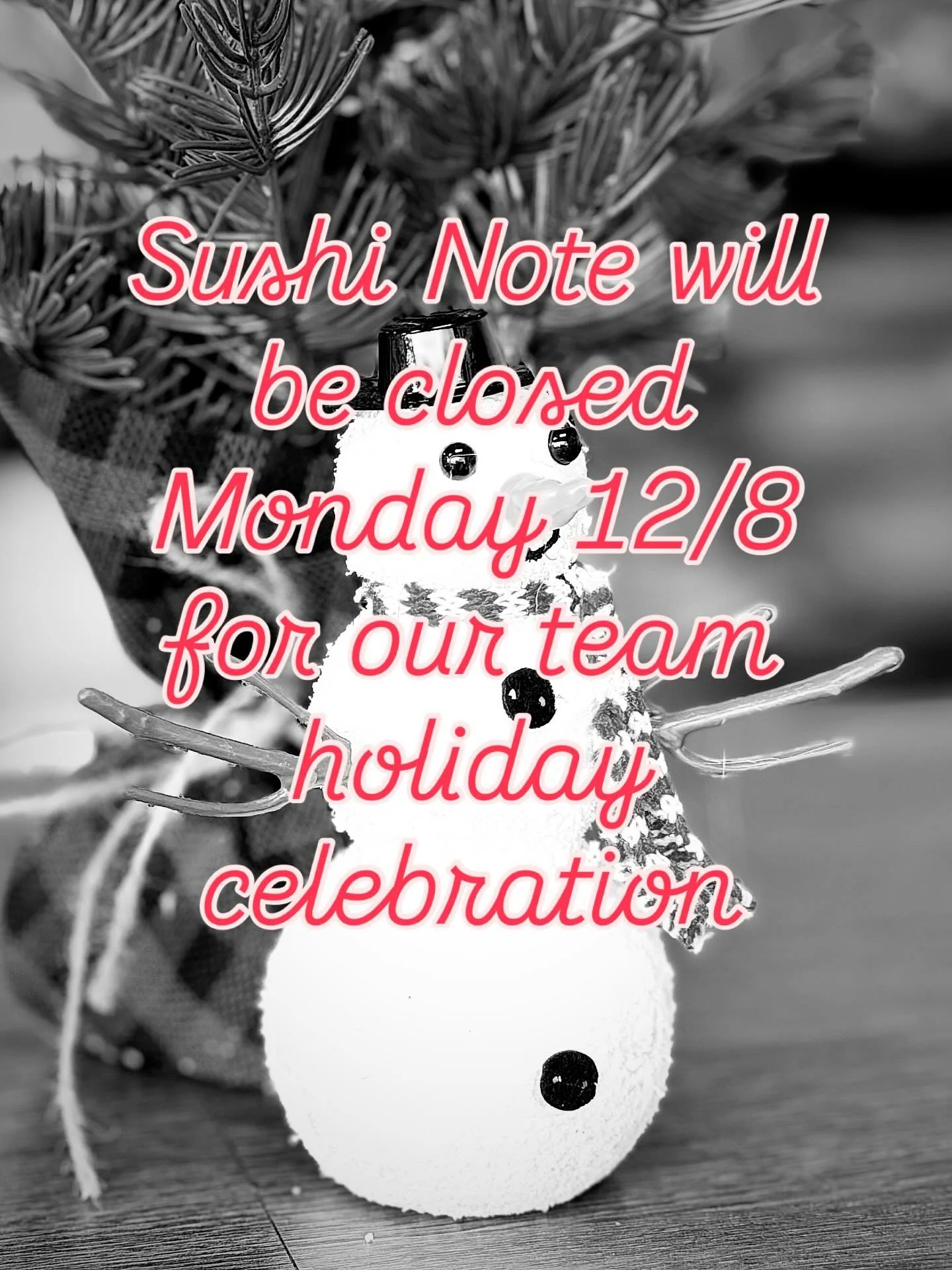 Our apologies for the inconvenience but Sushi Note will be closed this evening in order to celebrate our team with a well-deserved holiday party. We look forward to seeing you back tomorrow and thank you for all your support during 2025.