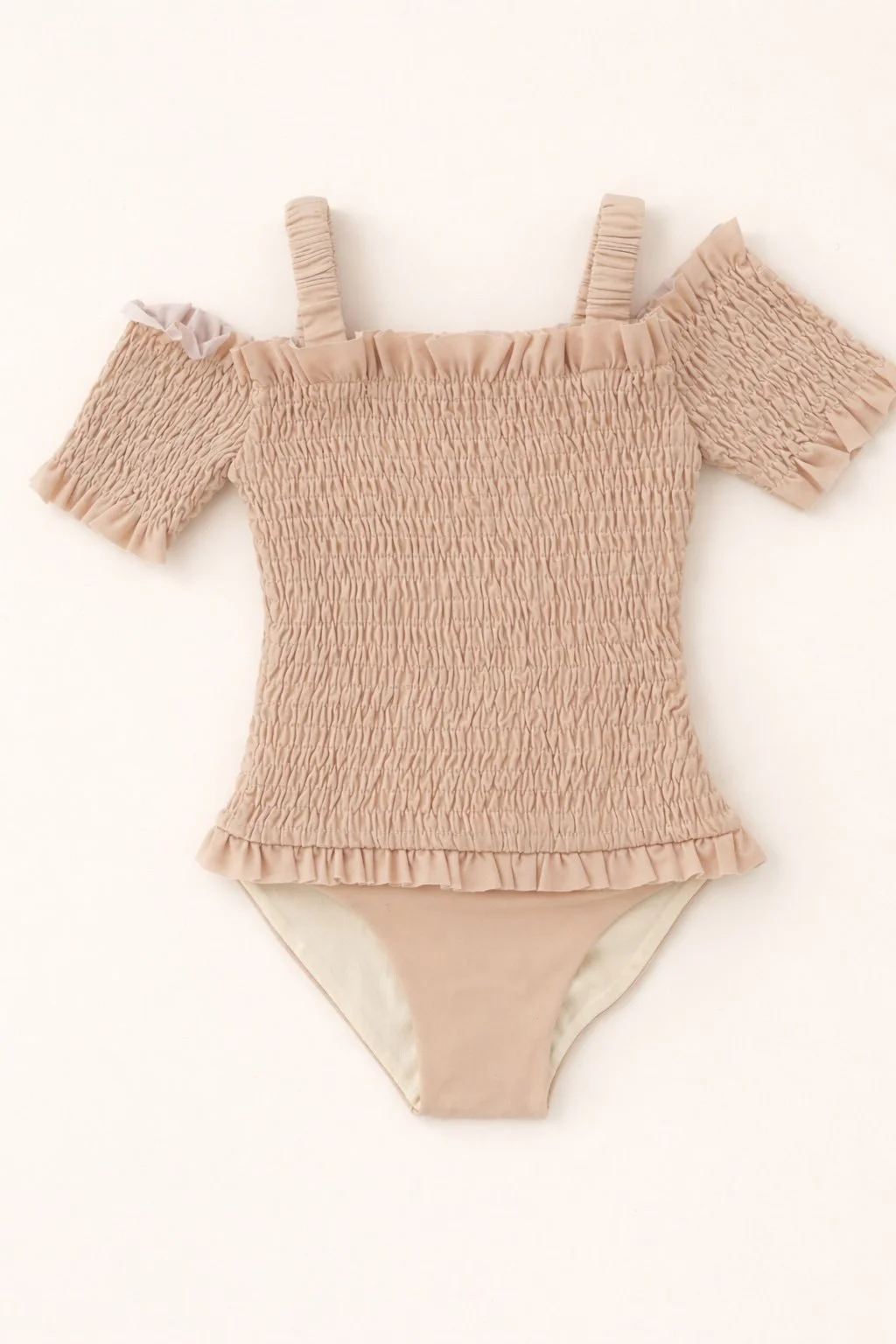 Soft Beige Ruffle Girls One-Piece Swimsuit