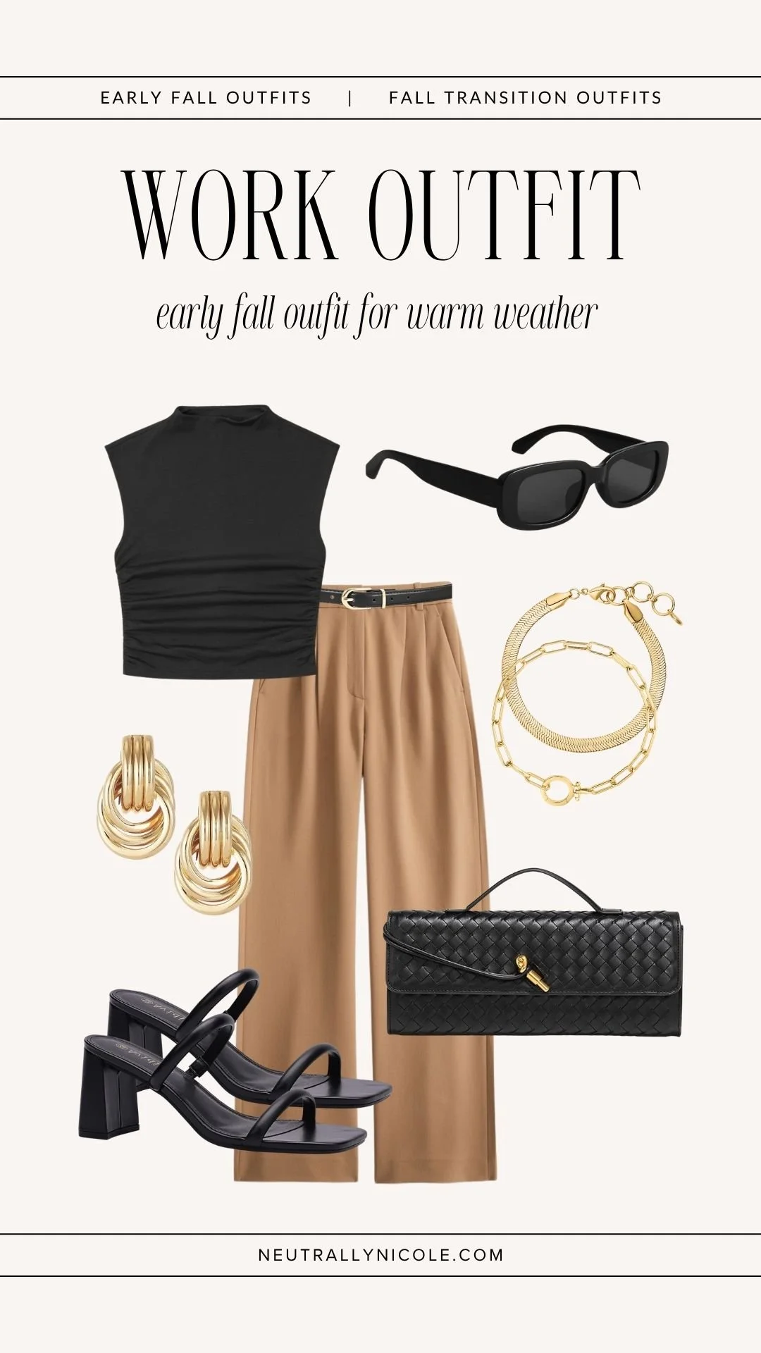 Early fall outfit with camel trousers, black sleeveless top, black sandals, and woven clutch