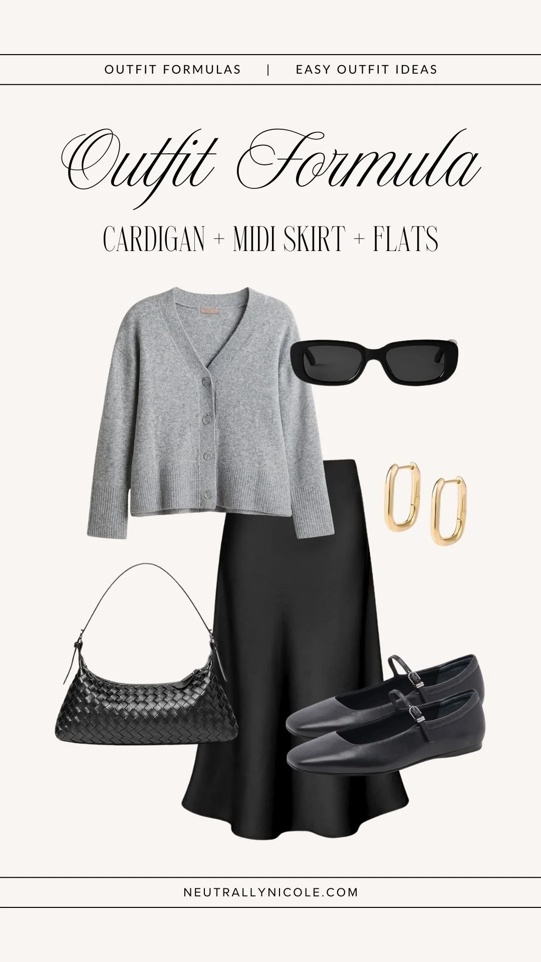 Easy outfit formula with cardigan, midi skirt, and ballet flats