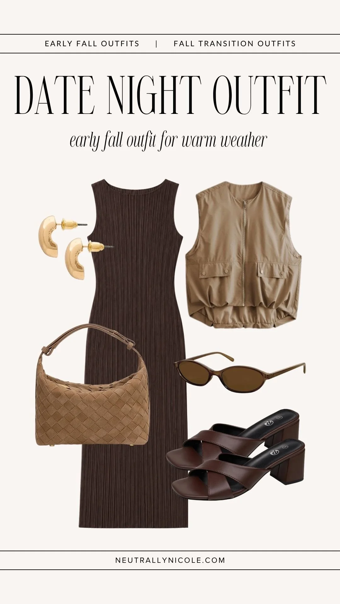 Hot weather fall outfit with a brown maxi dress, lightweight tan vest, woven bag, and brown sandals