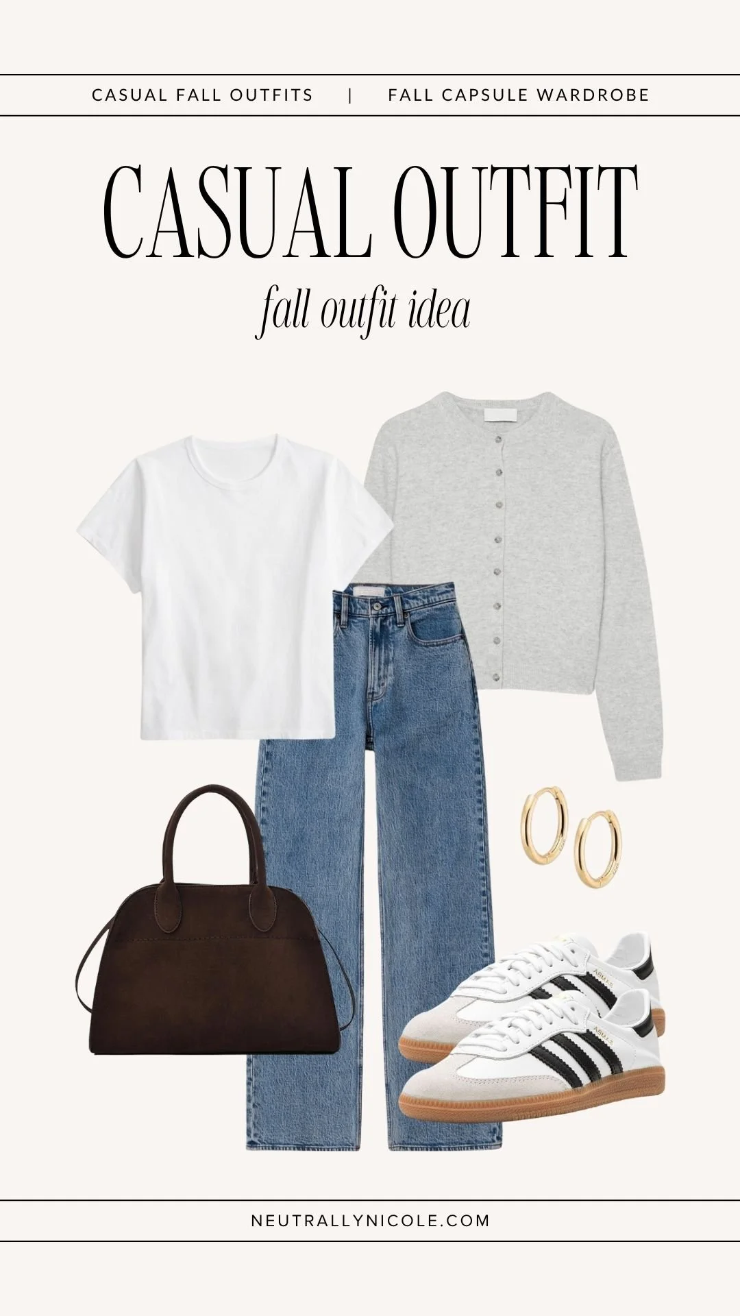  Casual fall outfit with fall capsule wardrobe staples: white t-shirt, grey cardigan, medium wash jeans, suede tote bag, gold hoop earrings, and Adidas Sambas. 