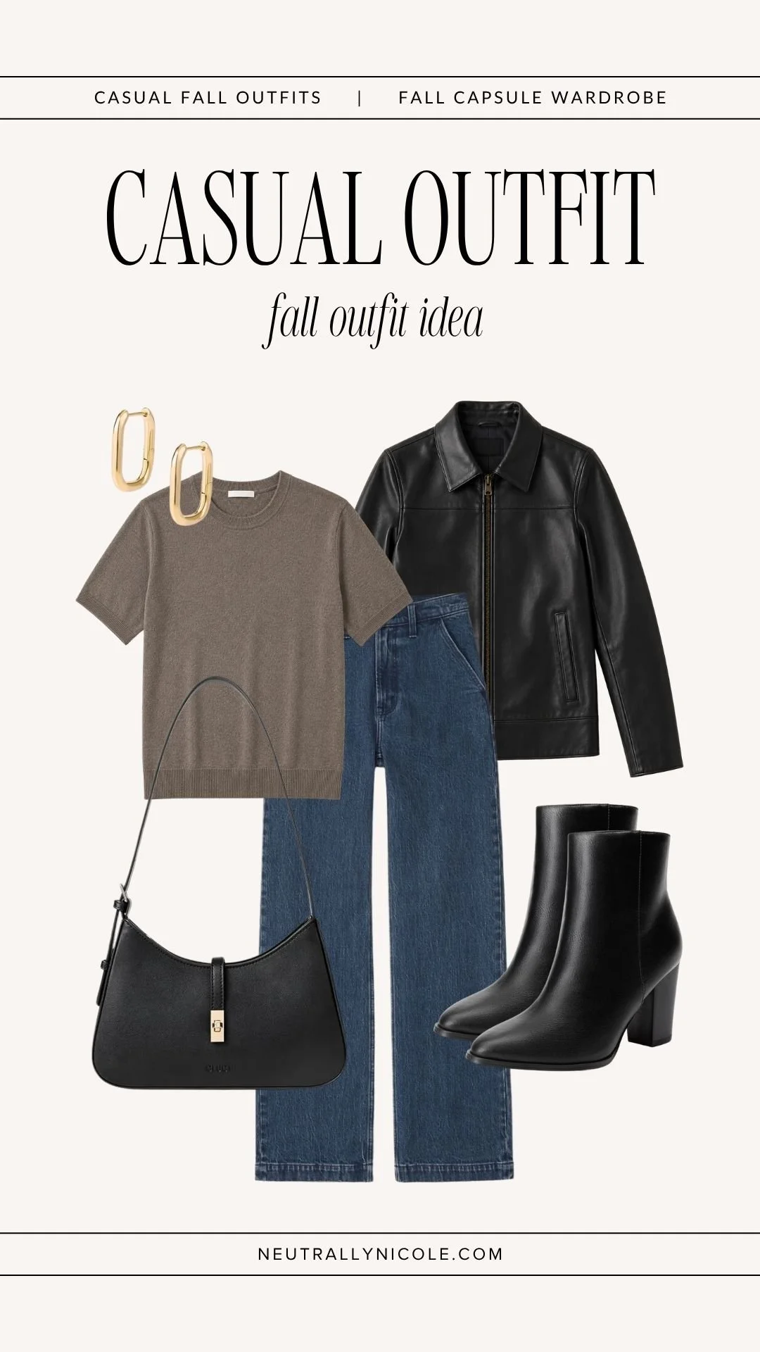  Casual fall outfit with fall capsule wardrobe staples: taupe sweater tee, leather jacket, dark wash jeans, black ankle boots, gold earrings, and a black shoulder bag. 