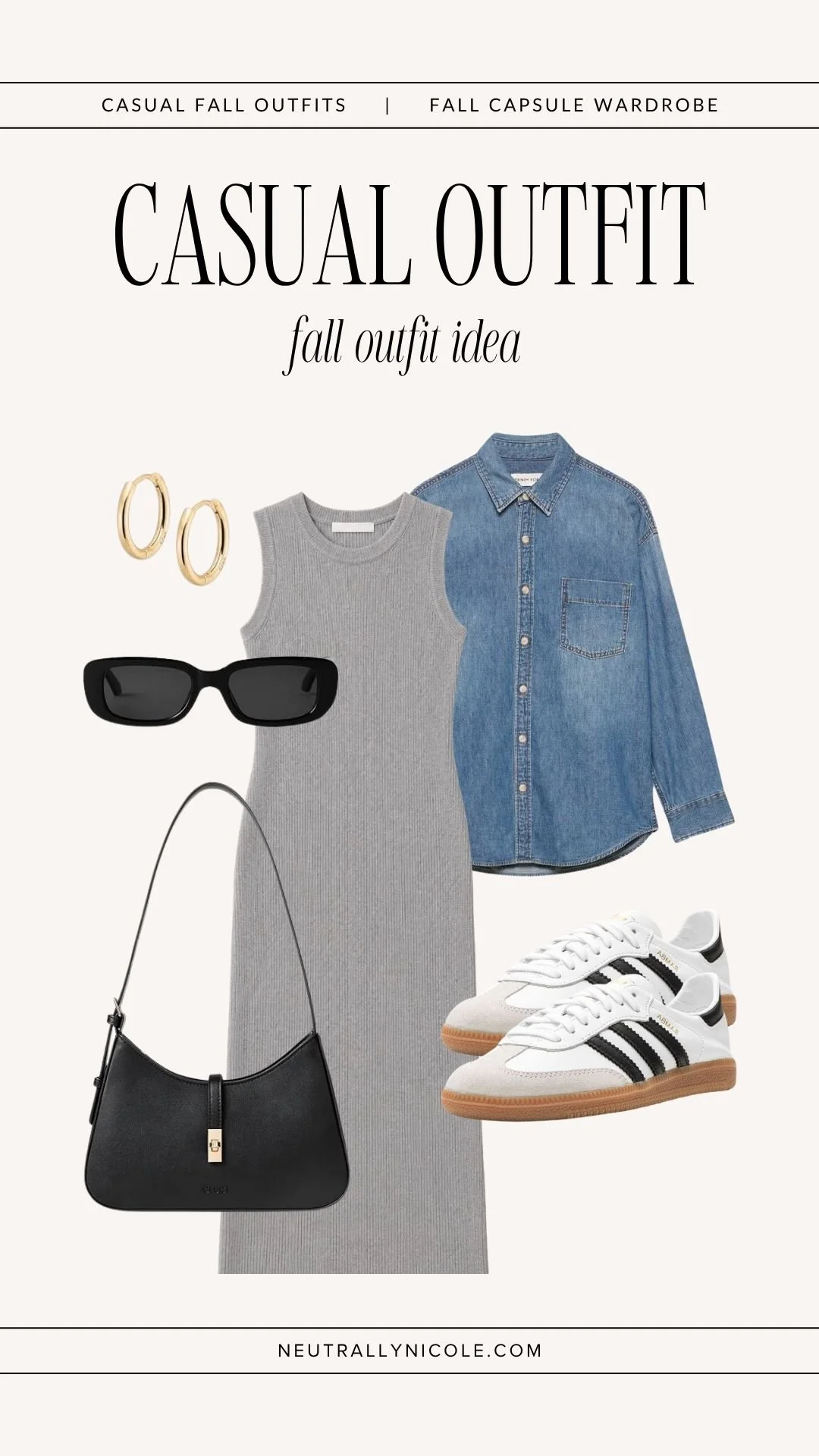  Casual fall outfit with fall capsule wardrobe staples: grey sweater dress, denim button-down shirt, black shoulder bag, sunglasses, gold hoops, and Adidas Sambas. 
