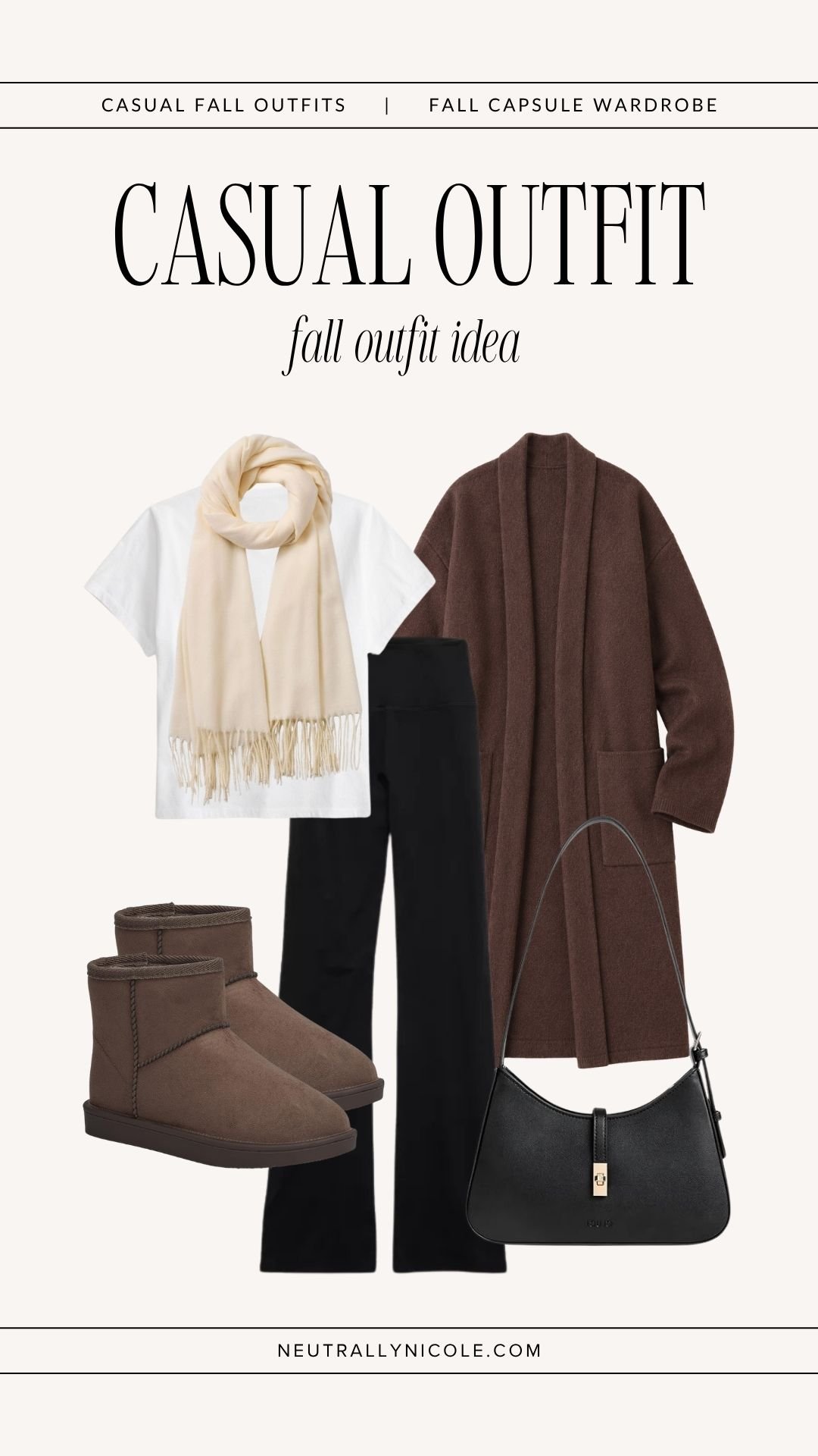  Cozy casual fall outfit with fall capsule wardrobe staples: white t-shirt, brown cardigan, black leggings, cream scarf, dark brown mini UGG boots, and a black shoulder bag. 