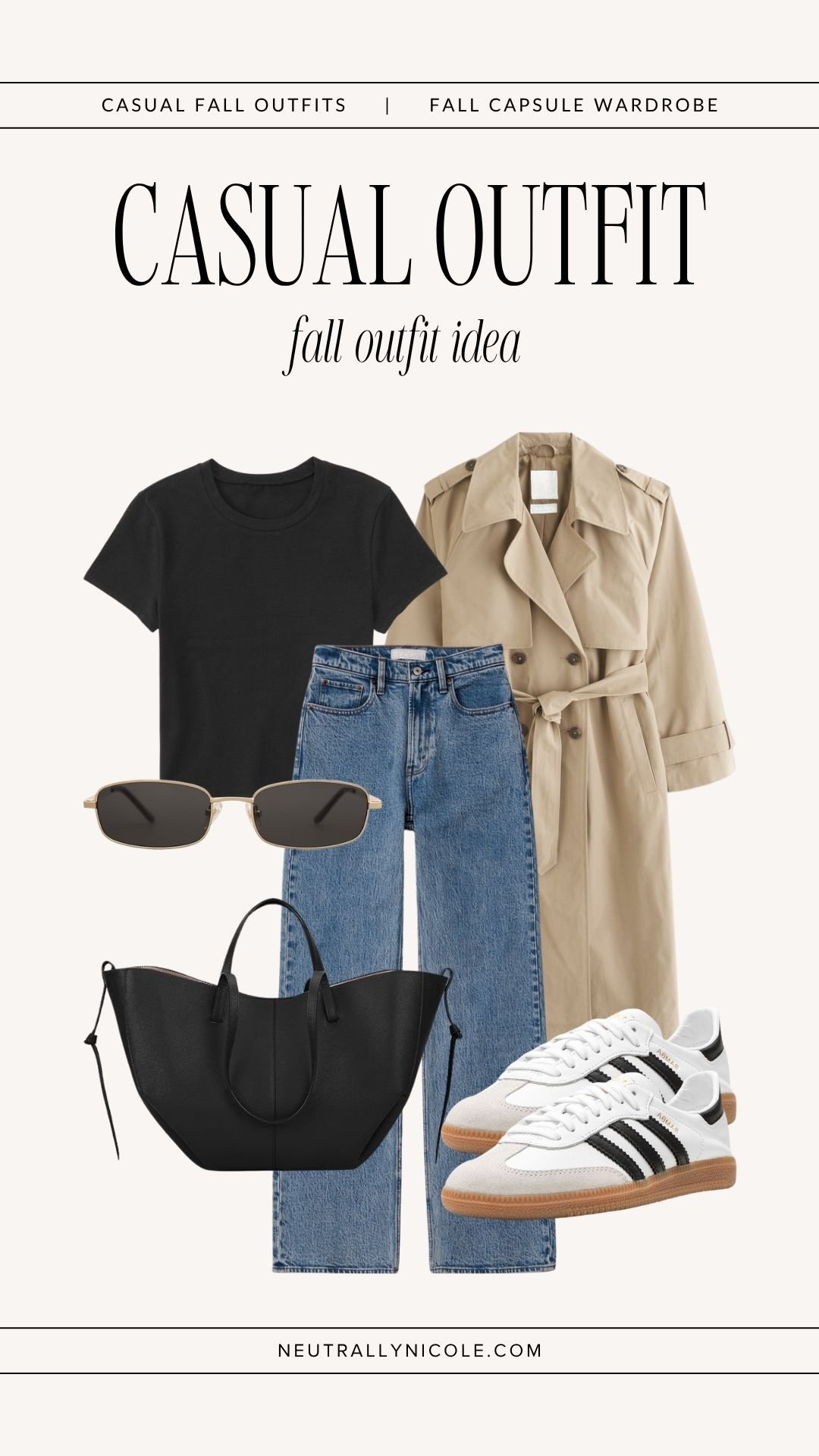  Casual fall outfit with fall capsule wardrobe staples: black t-shirt, trench coat, medium wash jeans, leather tote bag, sunglasses, and Adidas Sambas. 