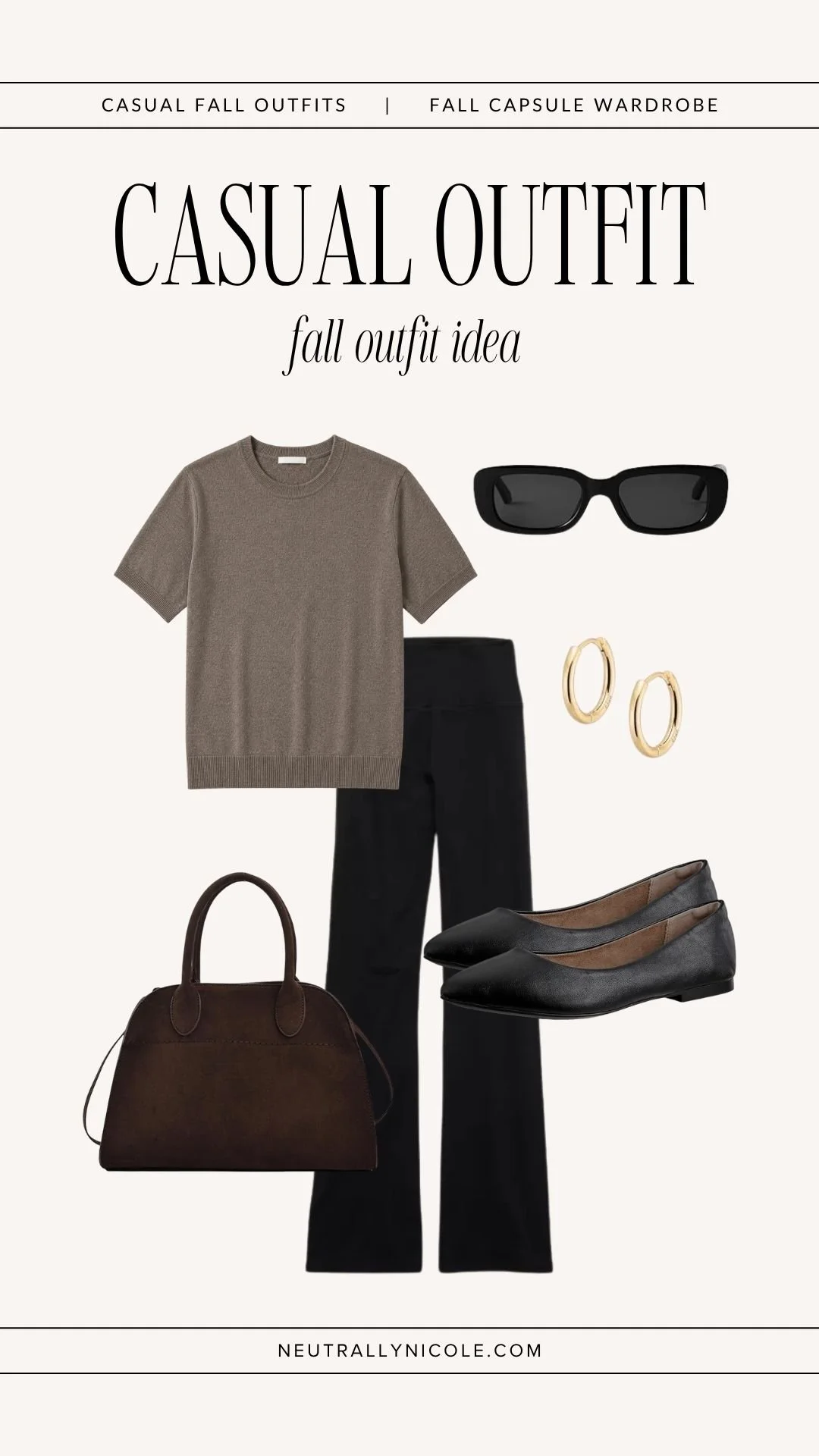  Casual fall outfit with fall capsule wardrobe staples: taupe sweater tee, flared leggings, black flats, suede tote bag, sunglasses, and gold hoop earrings. 