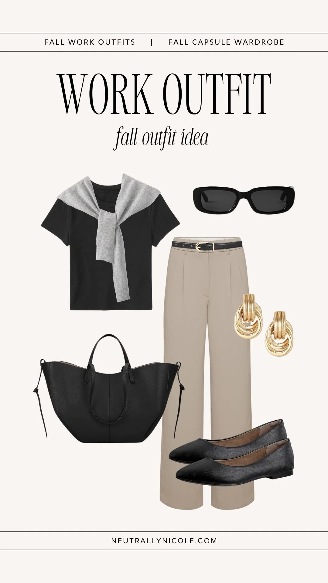  Fall work outfit with fall capsule wardrobe staples: beige trousers, black t-shirt, grey cardigan draped over shoulders, black flats, and leather tote bag 