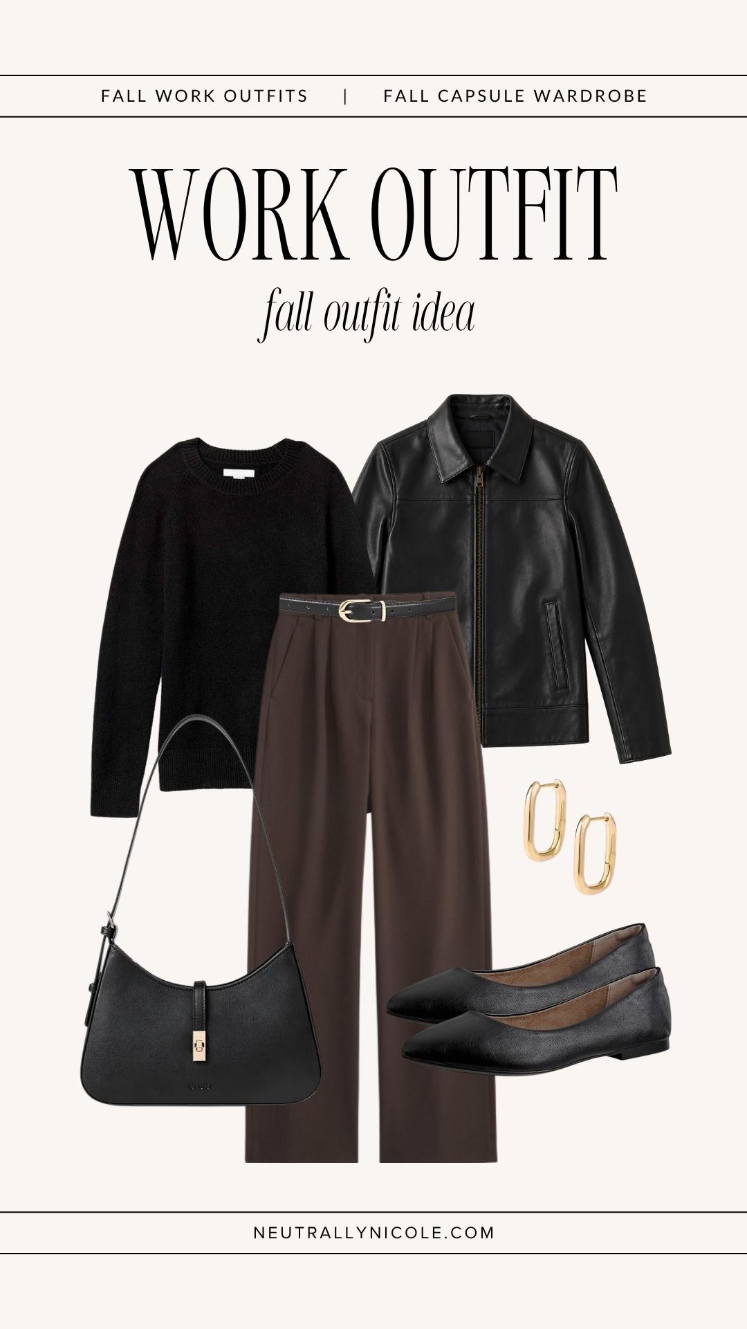  Business casual fall work outfit with fall capsule wardrobe staples: black sweater, brown trousers, leather jacket, black flats, and shoulder bag 