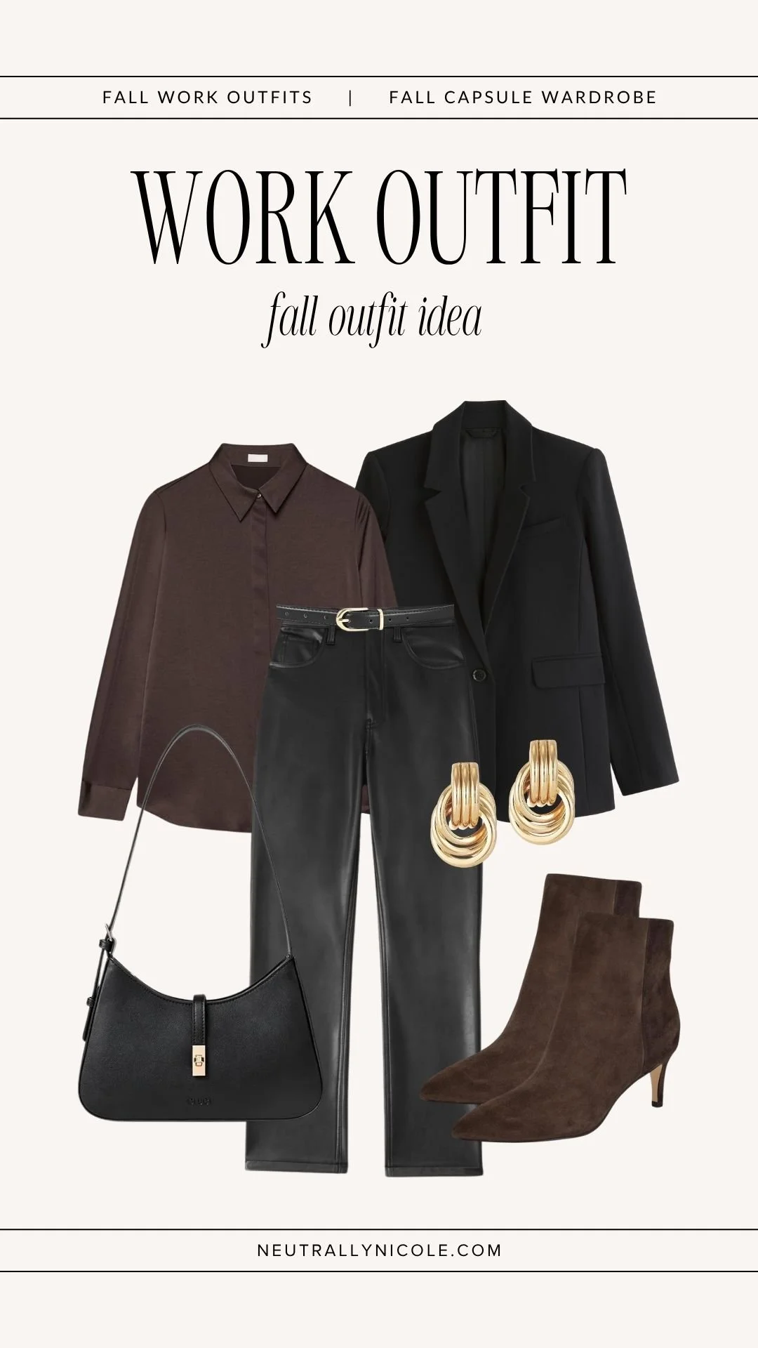  Professional fall work outfit with fall capsule wardrobe staples: brown blouse, black blazer, black leather pants, ankle boots, and black shoulder bag 