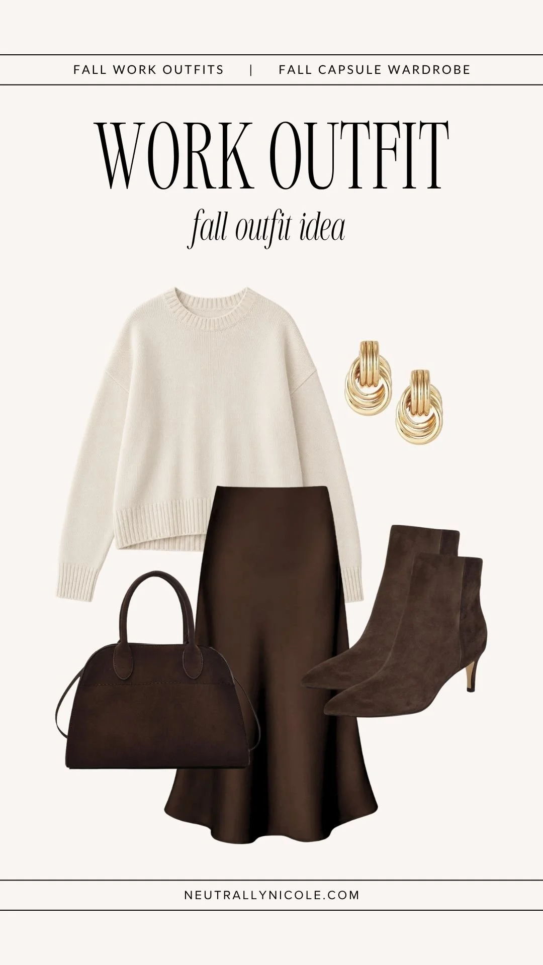  Elevated fall work outfit with fall capsule wardrobe staples: cream sweater, brown satin midi skirt, brown ankle boots, and suede tote bag 
