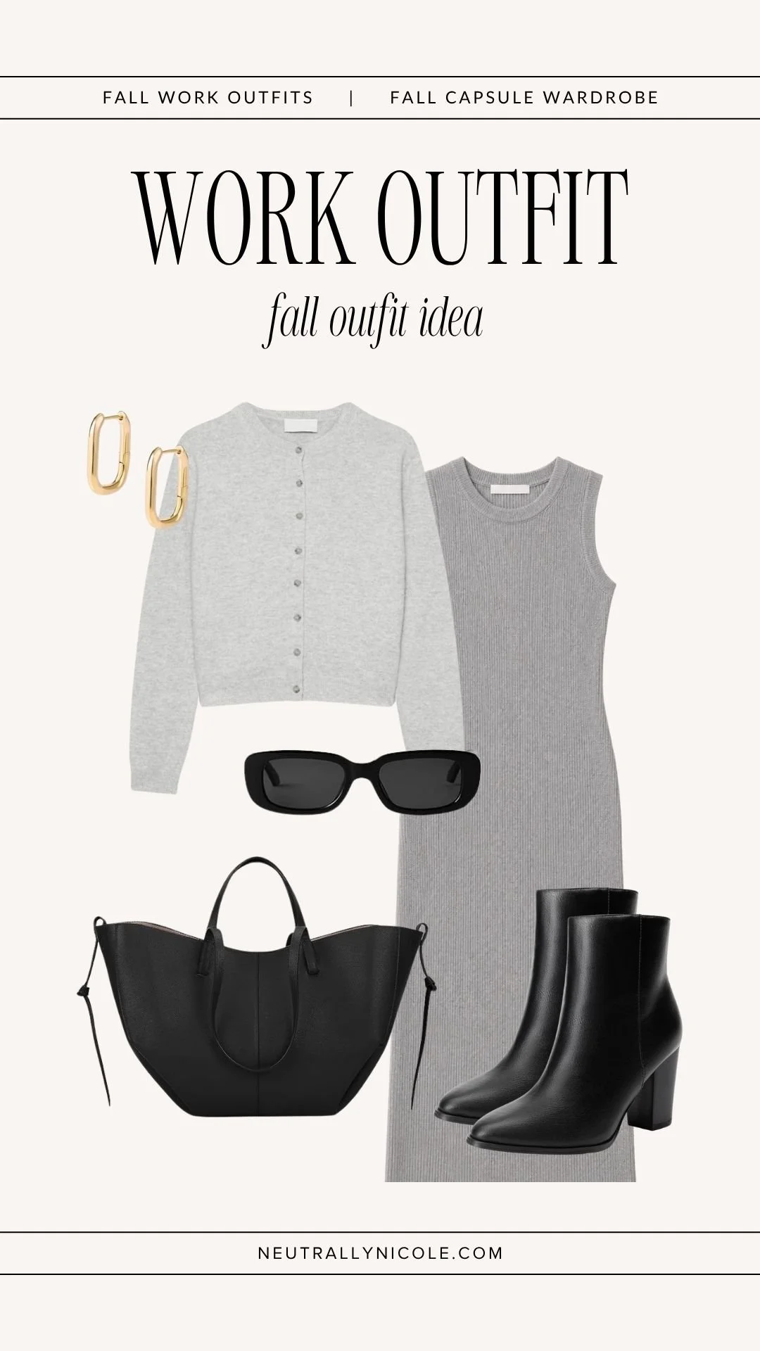 Fall work outfit with fall capsule wardrobe staples: grey sweater dress, grey cardigan, black ankle boots, black leather tote bag, and sunglasses 