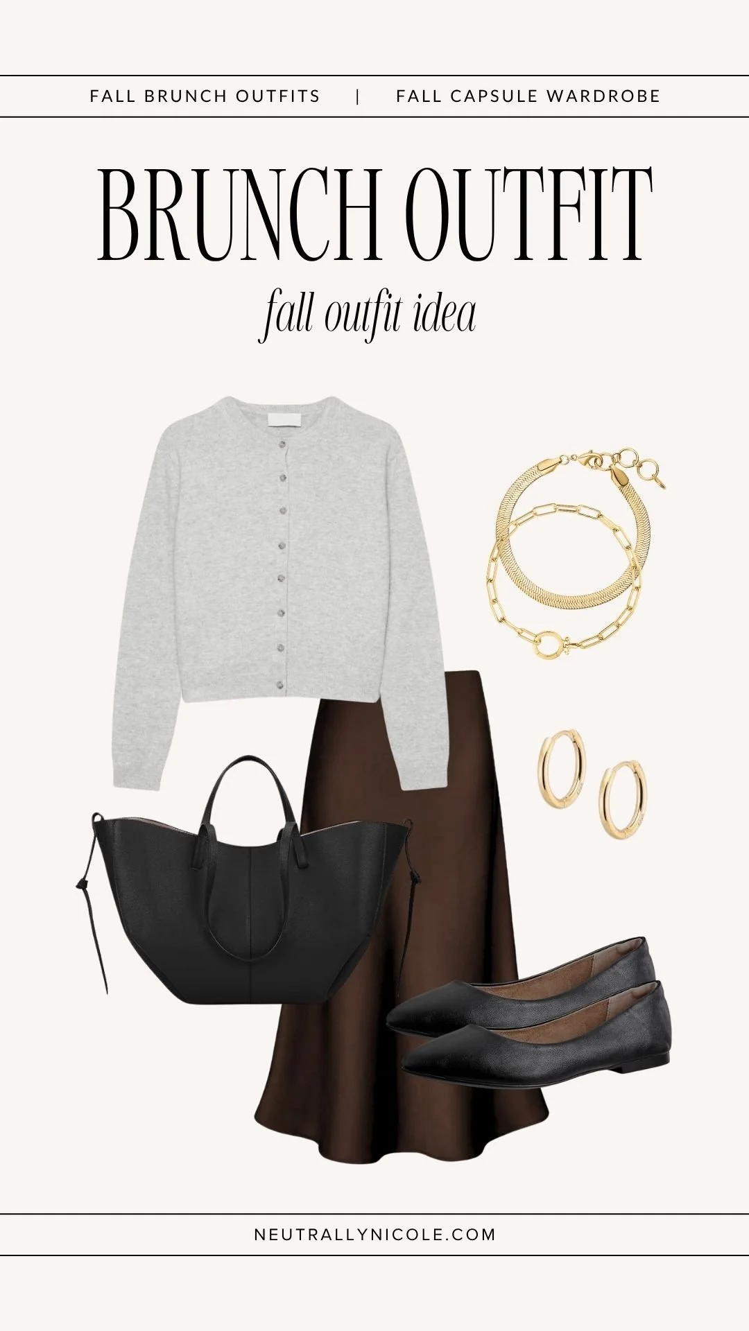  Elevated fall brunch outfit with fall capsule wardrobe staples: grey cardigan, brown satin midi skirt, black flats, leather tote bag, and gold jewelry 