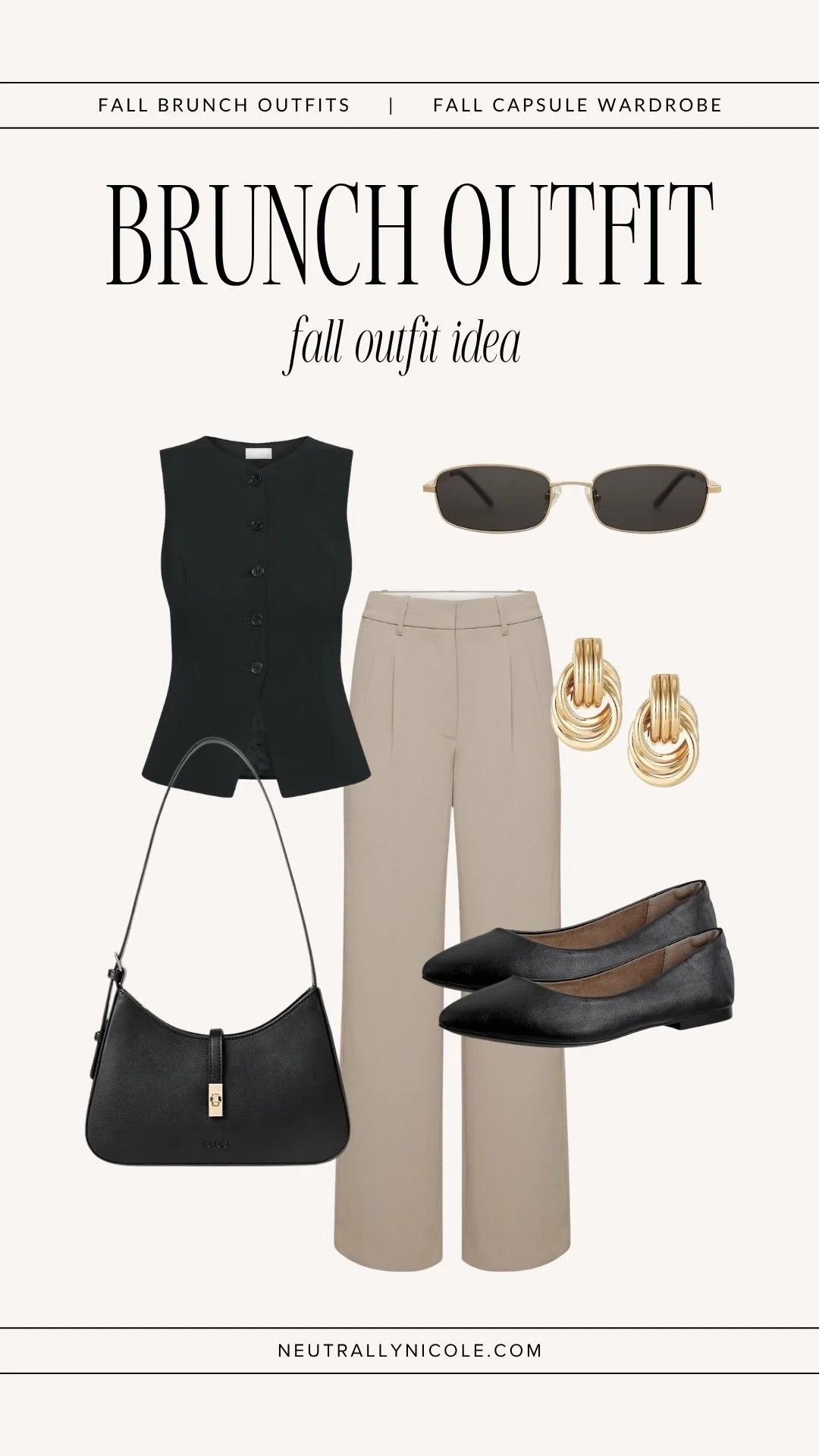  Elevated fall brunch outfit with fall capsule wardrobe staples: black vest top, beige trousers, black flats, shoulder bag, and sunglasses 
