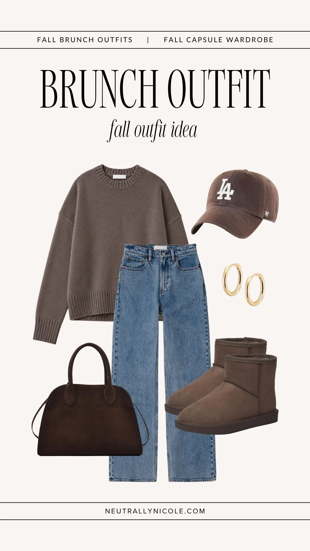  Casual fall brunch outfit with fall capsule wardrobe staples: brown sweater, medium wash jeans, dark brown UGG boots, baseball cap, and brown suede tote bag 