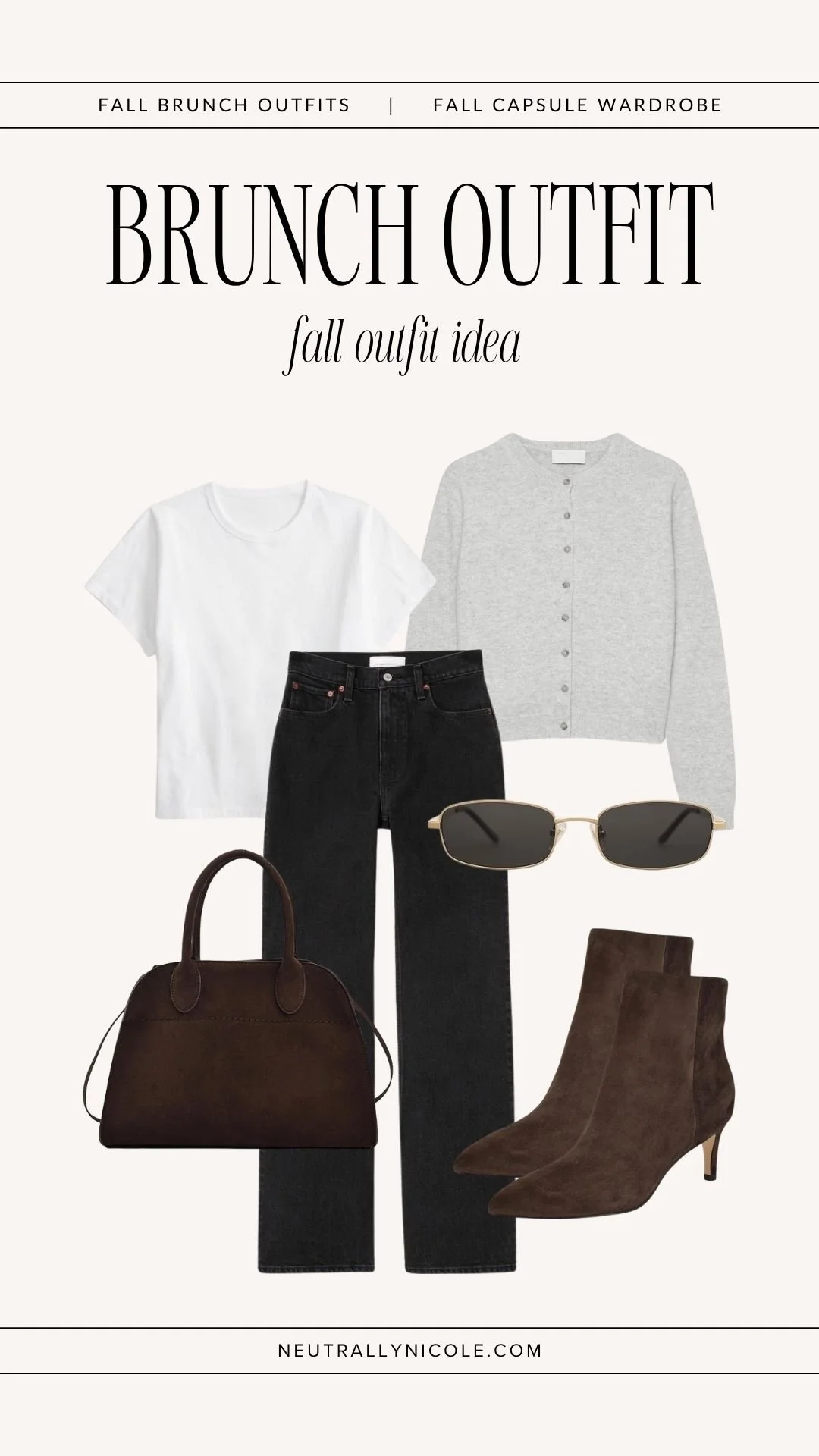  Fall brunch outfit with fall capsule wardrobe staples: white t-shirt, grey cardigan, black jeans, brown ankle boots, sunglasses, and suede tote bag 