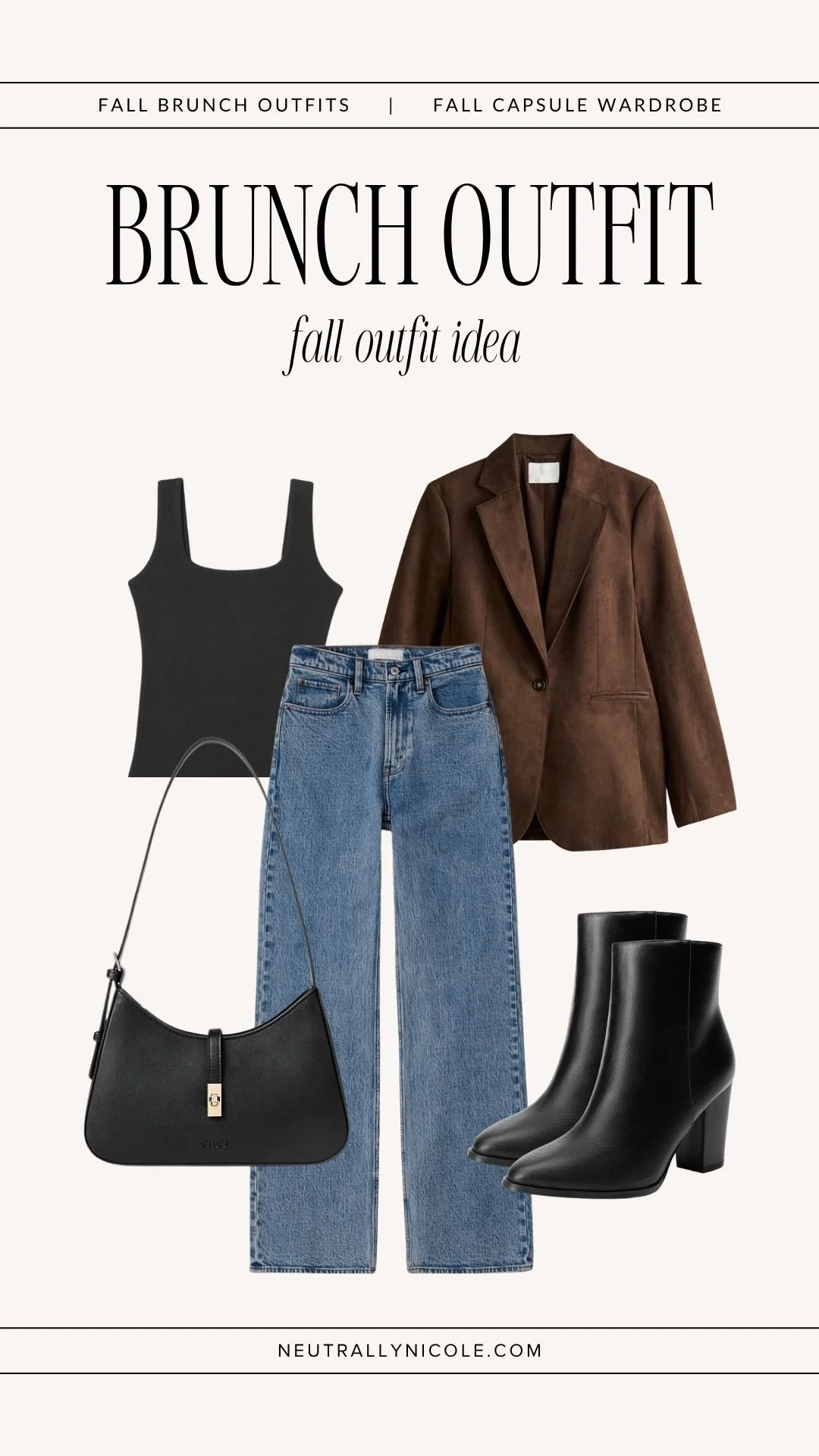 Dressy casual fall brunch outfit with fall capsule wardrobe staples: black tank top, medium wash jeans, suede blazer, black ankle boots, and shoulder bag 