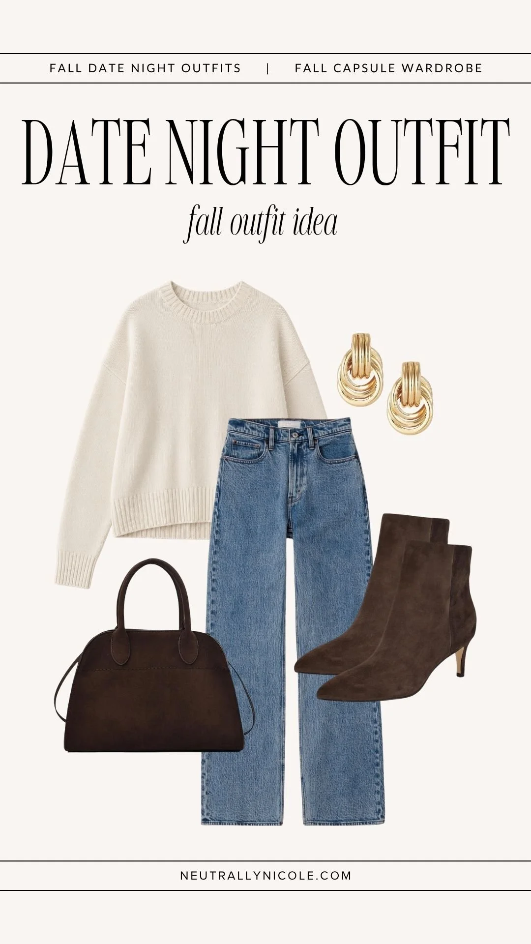  Dressy casual fall date night outfit with fall capsule wardrobe staples: cream sweater, medium wash jeans, brown suede ankle boots, and brown suede tote bag 