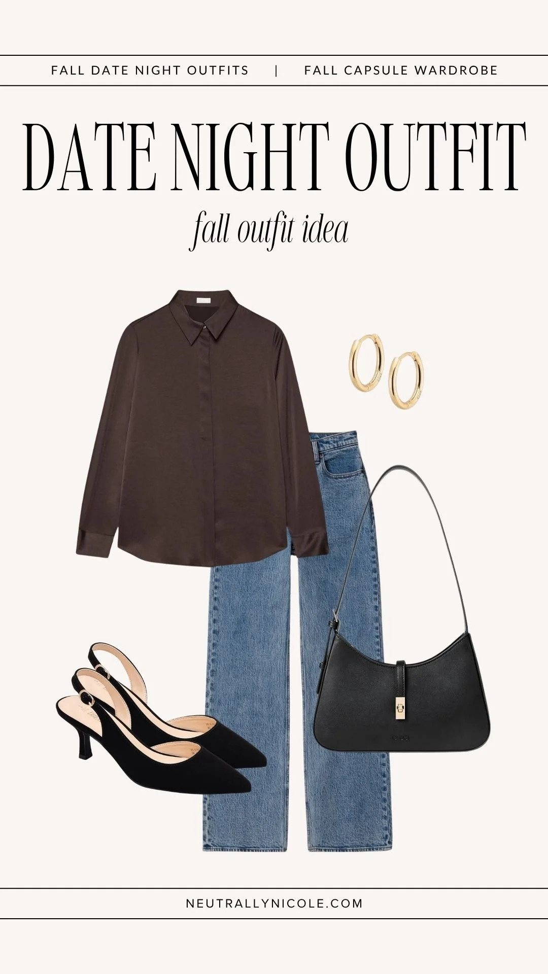  Elevated casual fall date night outfit with fall capsule wardrobe staples: brown blouse, medium wash jeans, slingback heels, shoulder bag, and gold hoops 