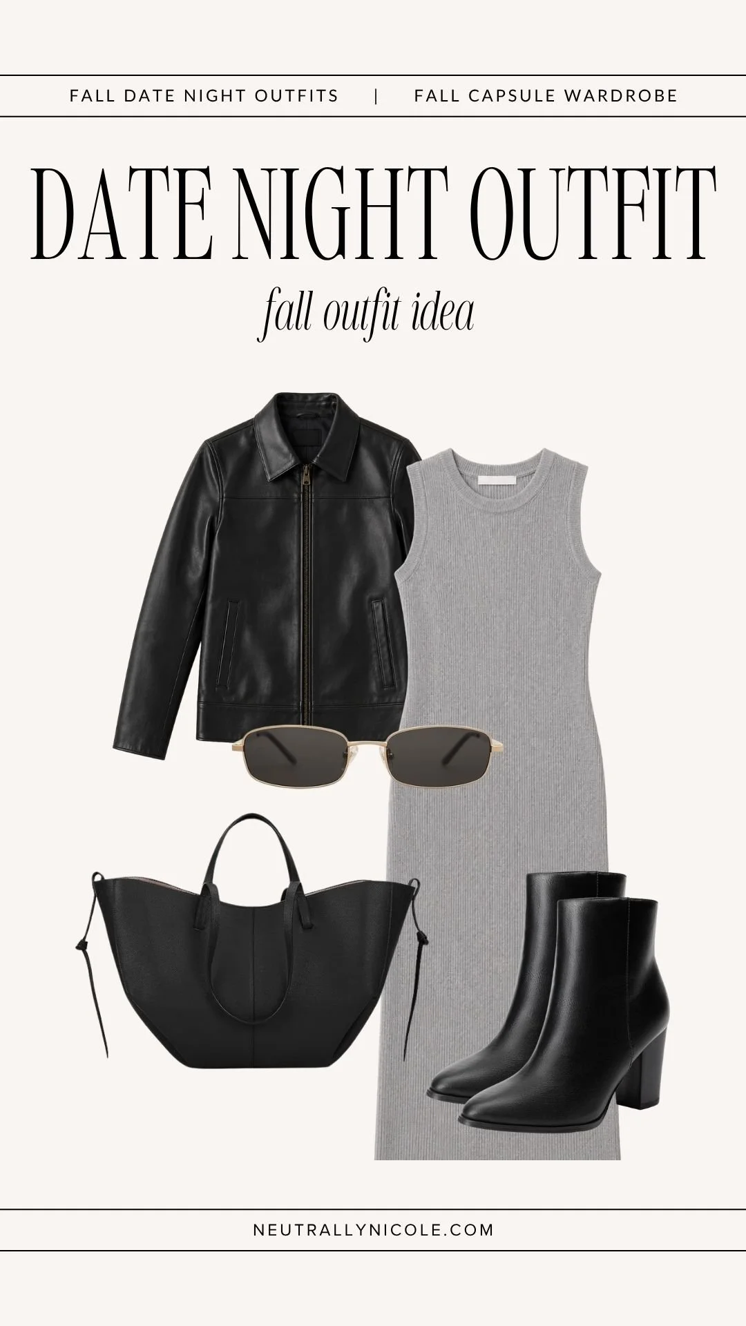  Casual fall date night outfit with fall capsule wardrobe staples: grey sweater dress, black leather jacket, ankle boots, leather tote bag, and sunglasses 
