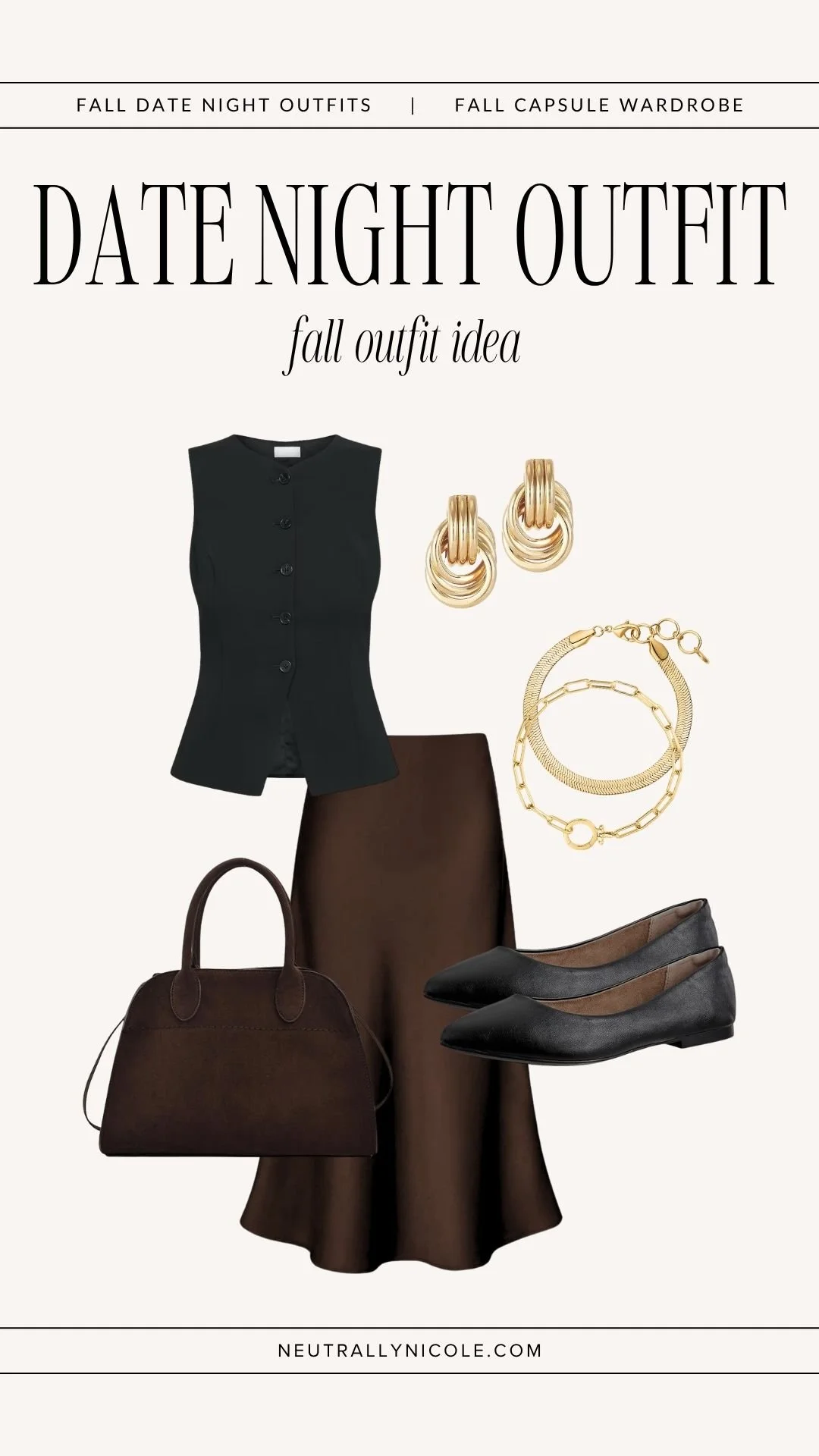  Dressy casual fall date night outfit with fall capsule wardrobe staples: black vest, brown satin midi skirt, black flats, brown suede tote bag, and gold jewelry 