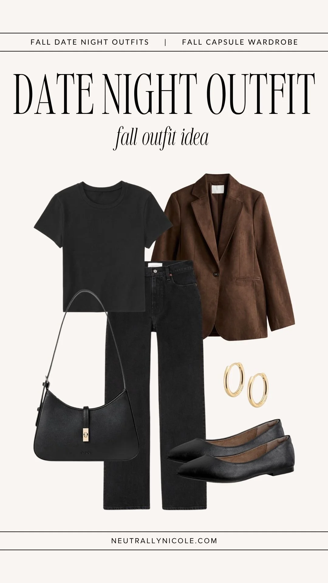  Casual fall date night outfit with fall capsule wardrobe staples: black t-shirt, black jeans, brown suede blazer, black flats, shoulder bag, and gold hoops 