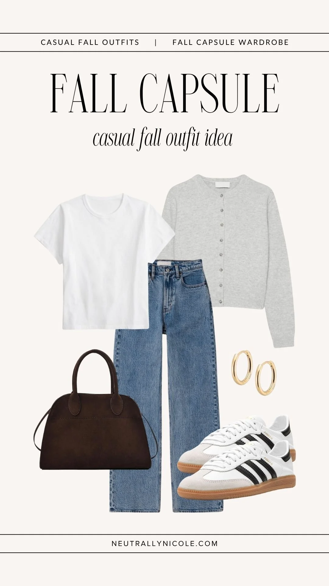  Casual fall outfit with fall capsule wardrobe staples: white t-shirt, grey cardigan, medium wash jeans, suede tote bag, gold hoop earrings, and Adidas Sambas. 