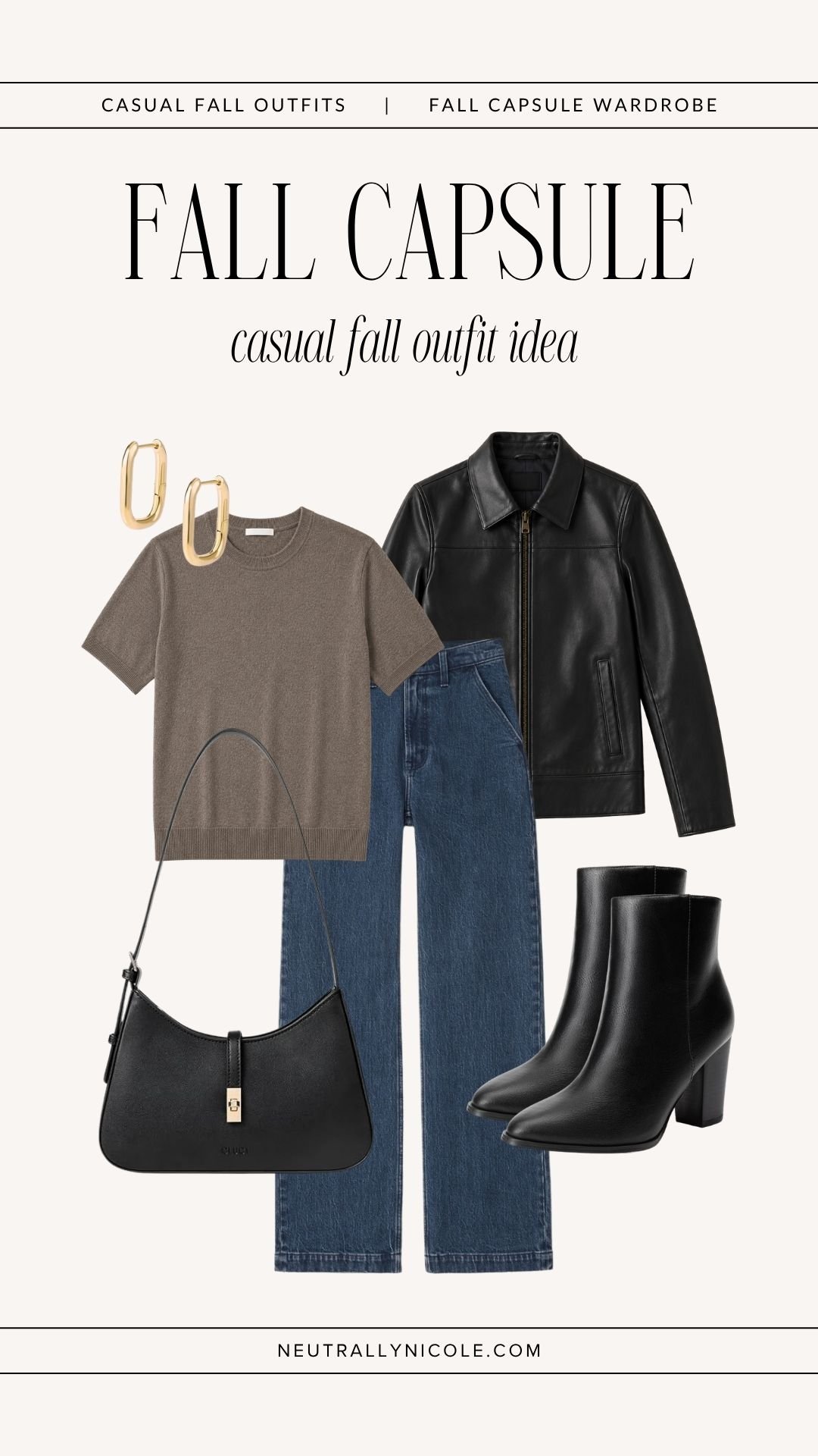  Casual fall outfit with fall capsule wardrobe staples: taupe sweater tee, leather jacket, dark wash jeans, black ankle boots, gold earrings, and a black shoulder bag. 