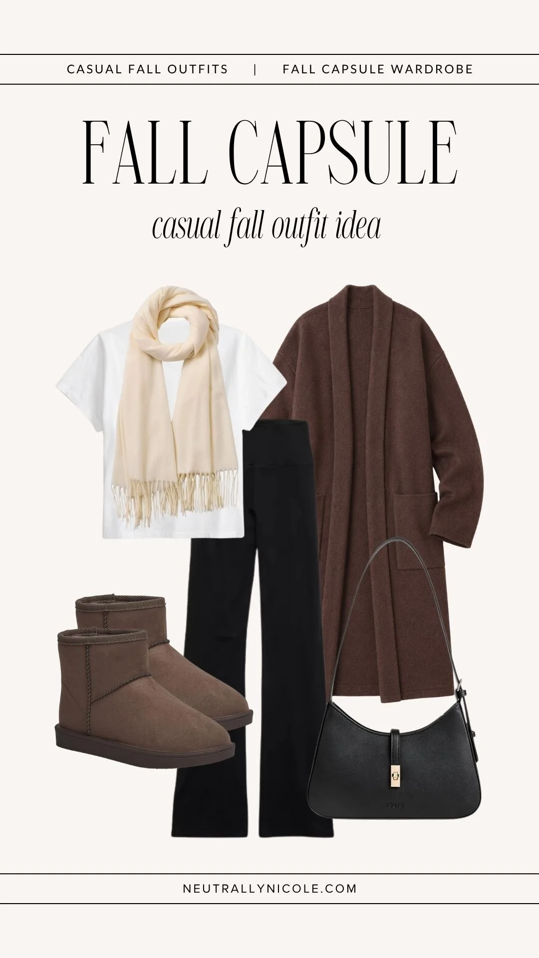 Cozy casual fall outfit with fall capsule wardrobe staples: white t-shirt, brown cardigan, black leggings, cream scarf, dark brown mini UGG boots, and a black shoulder bag. 